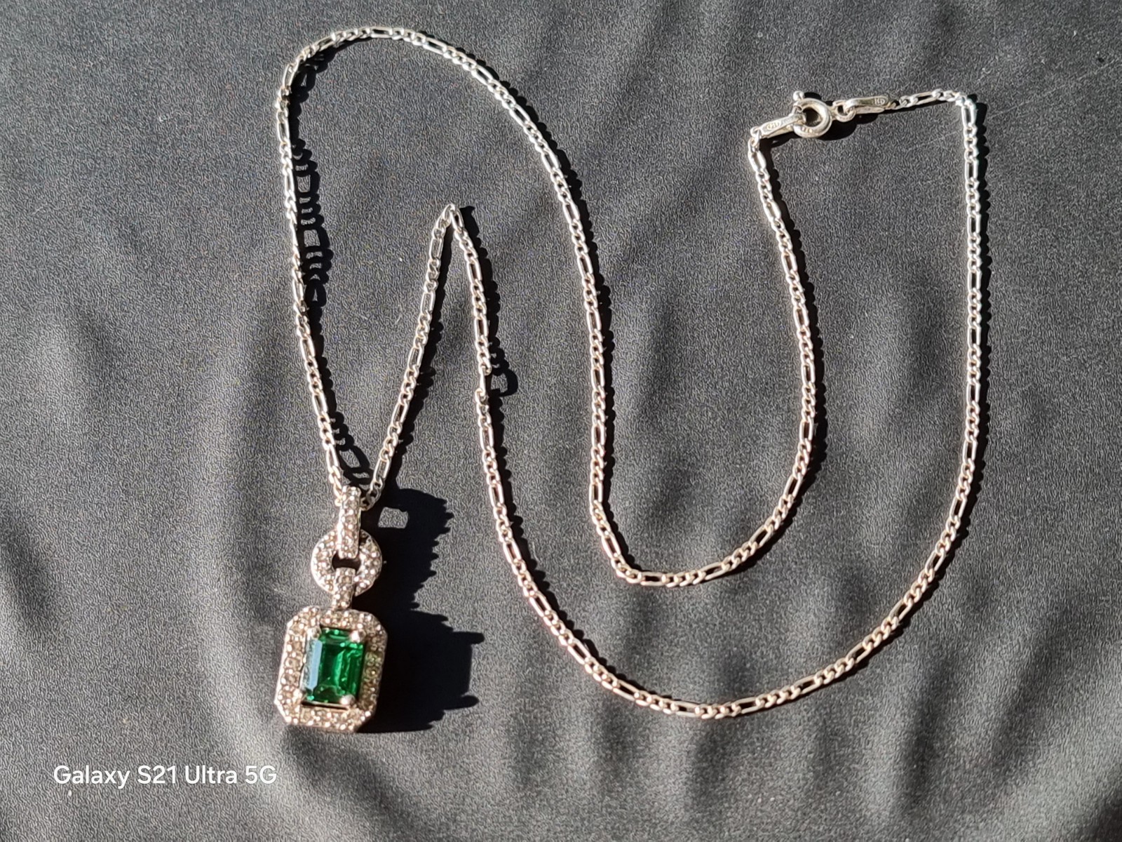 925 Sterling Silver Emerald-Cut Green CZ Halo Pendant on Figaro Chain(Genuine Si