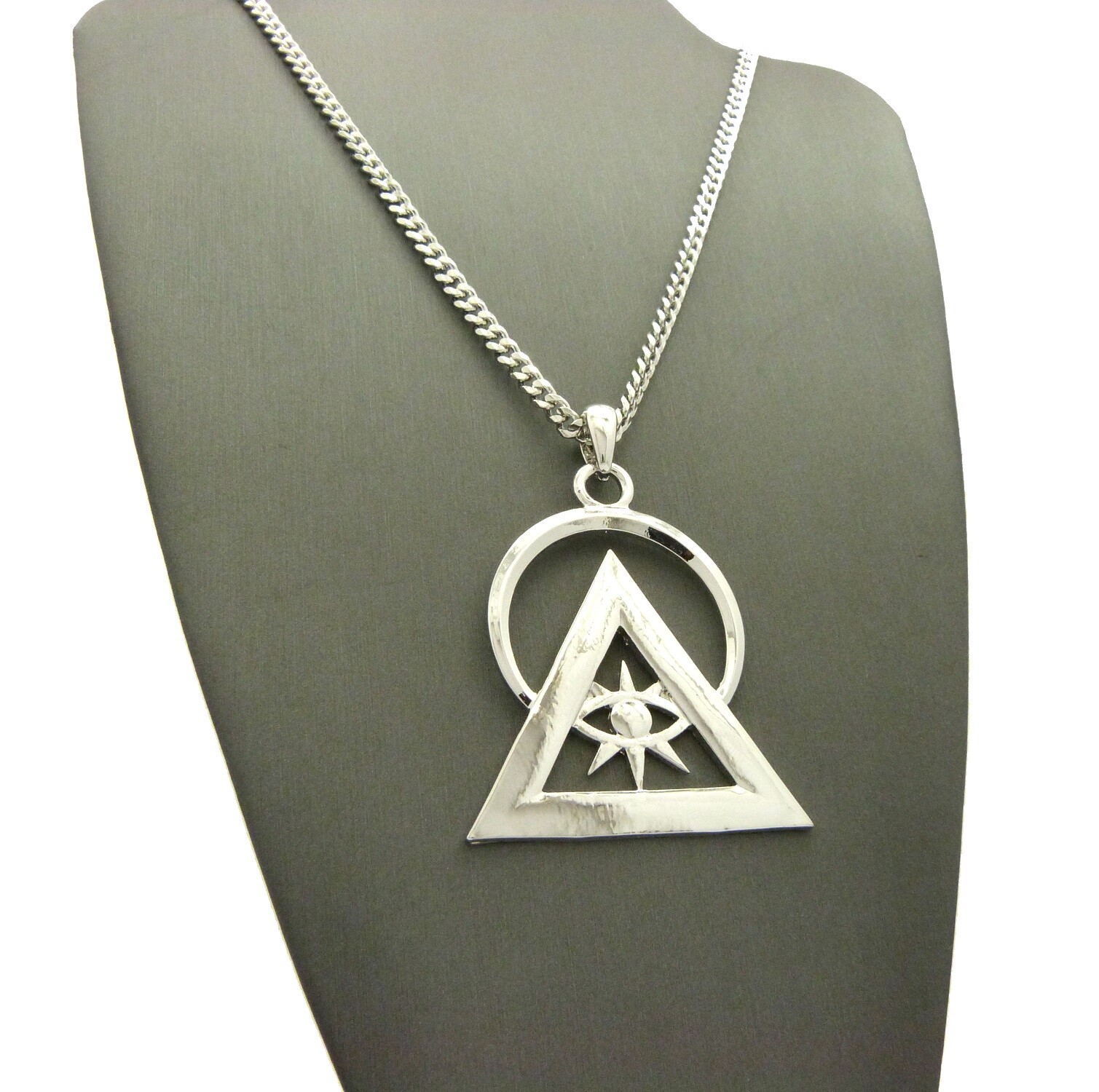 Silver Plated illuminati Pyramid Pendant & 24″ Box, Cuban, Rope Chain Necklace