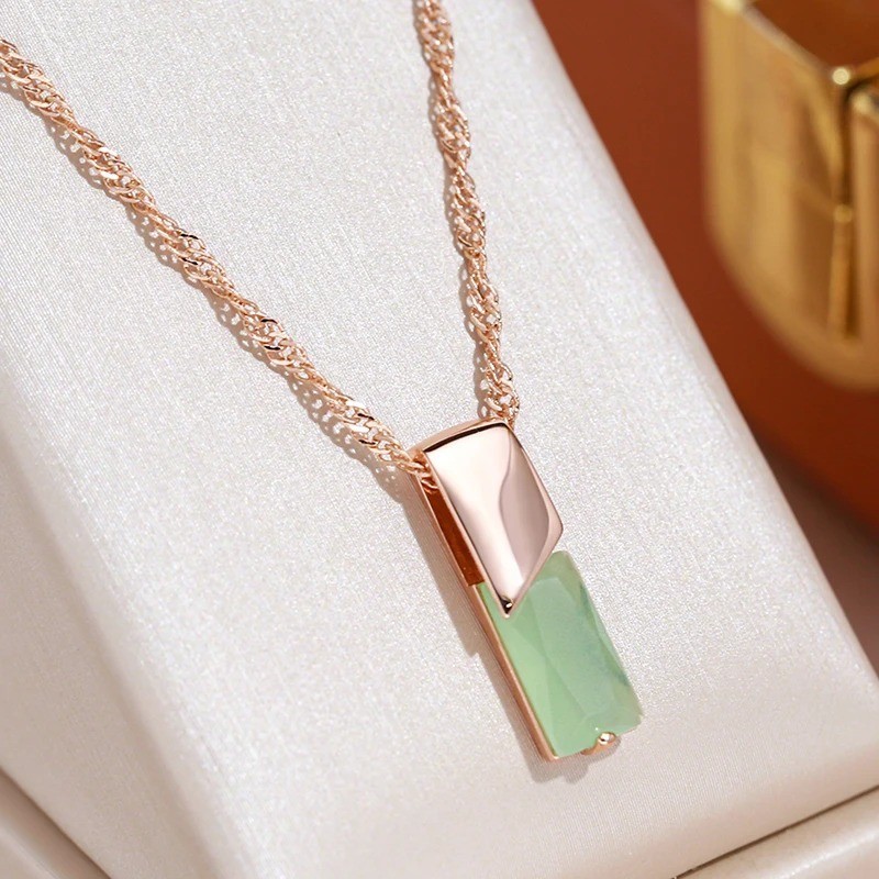 Green Zircon Square Pendant Necklace for Women, Elegant Wedding Party Jewelry