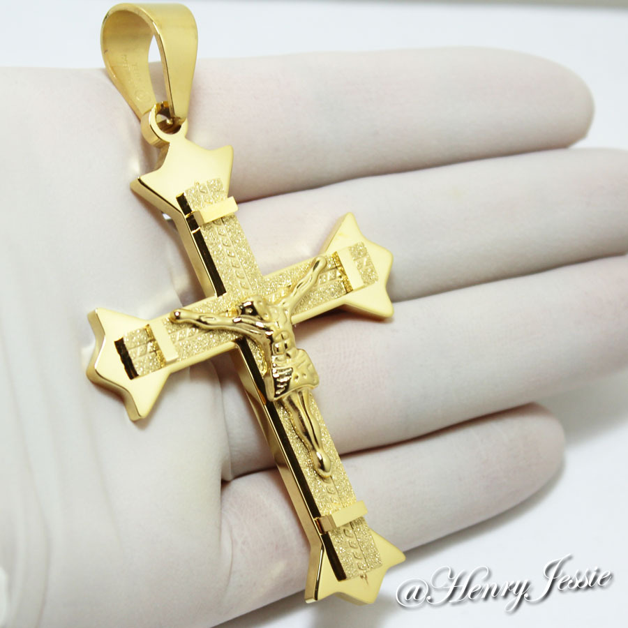 24″MEN Stainless Steel 8mm Gold Plated Interlock Bones Necklace Cross Pendant*28