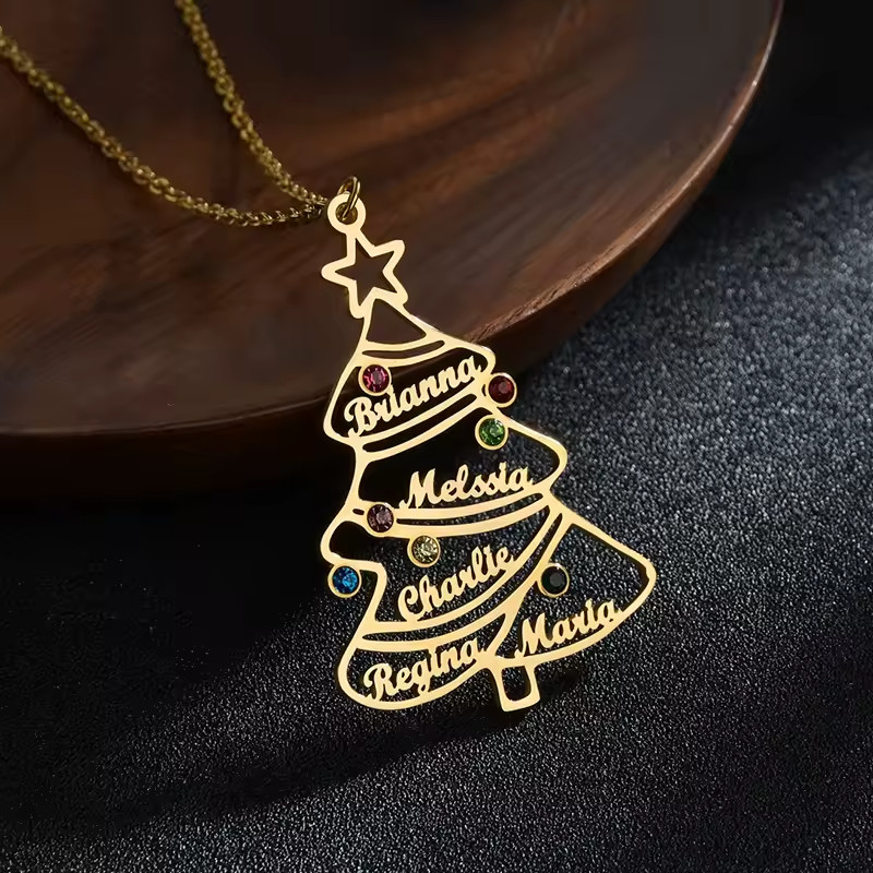 Custom 1-5 Name Family Tree Birthstone Pendant Necklace Christmas Gold Silver