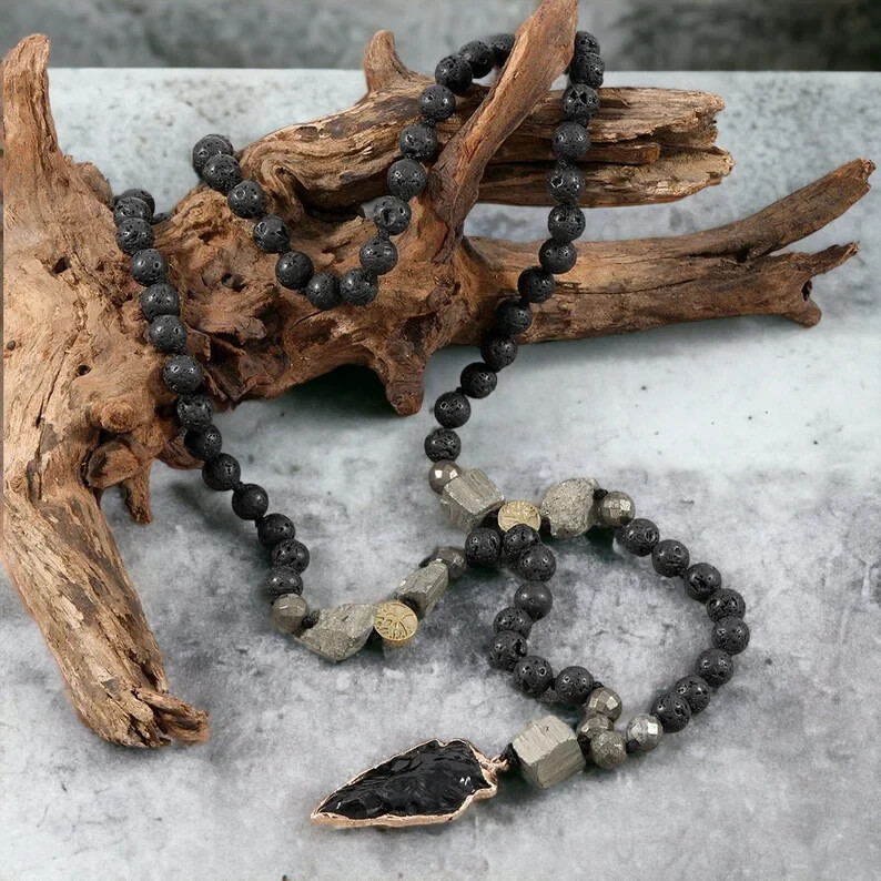 Black Obsidian Arrowhead Pendant lava Rock Pyrite Beads Meditation Necklace