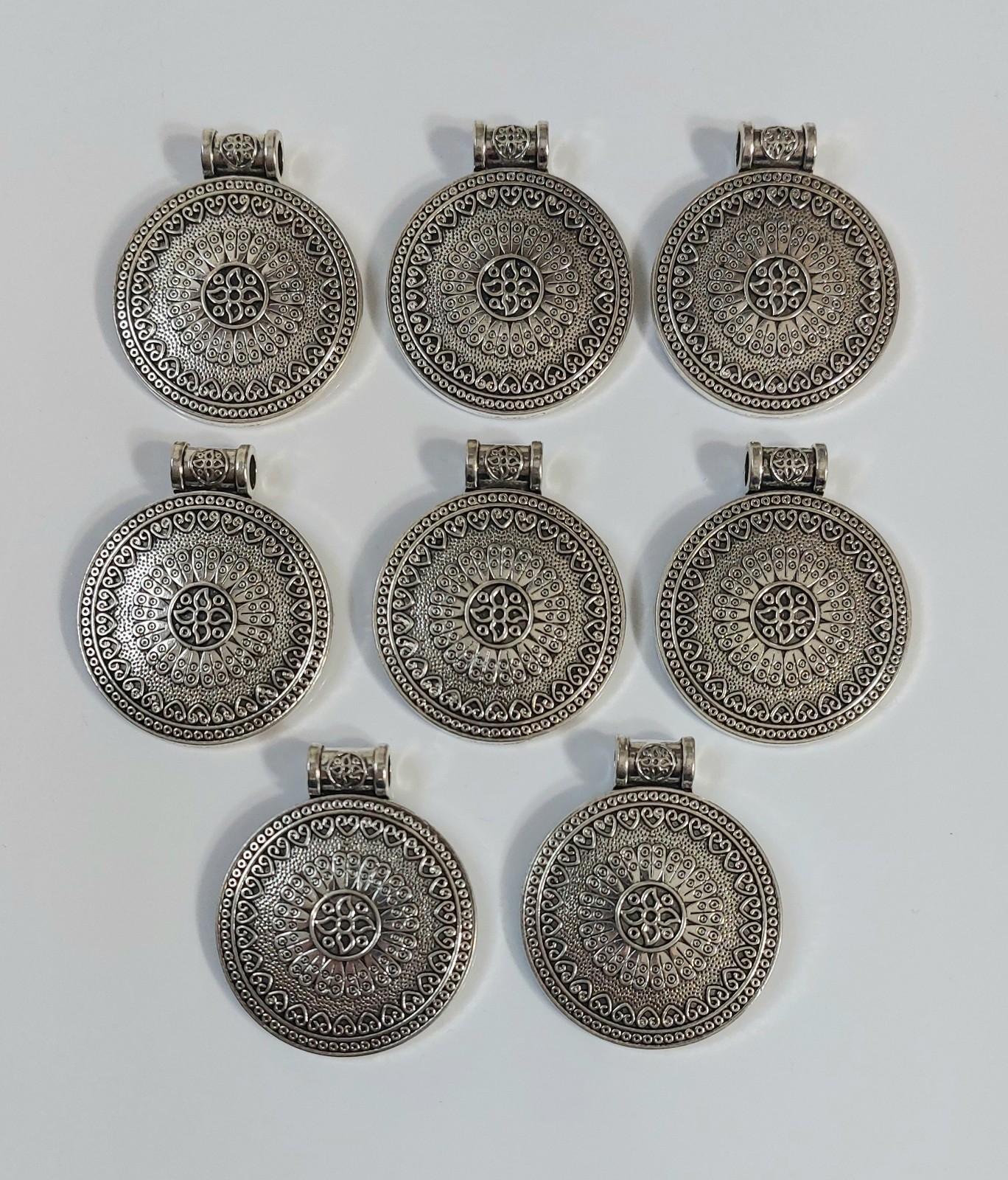 Boho Silver Tone Round Pendant Charms – Set of 8