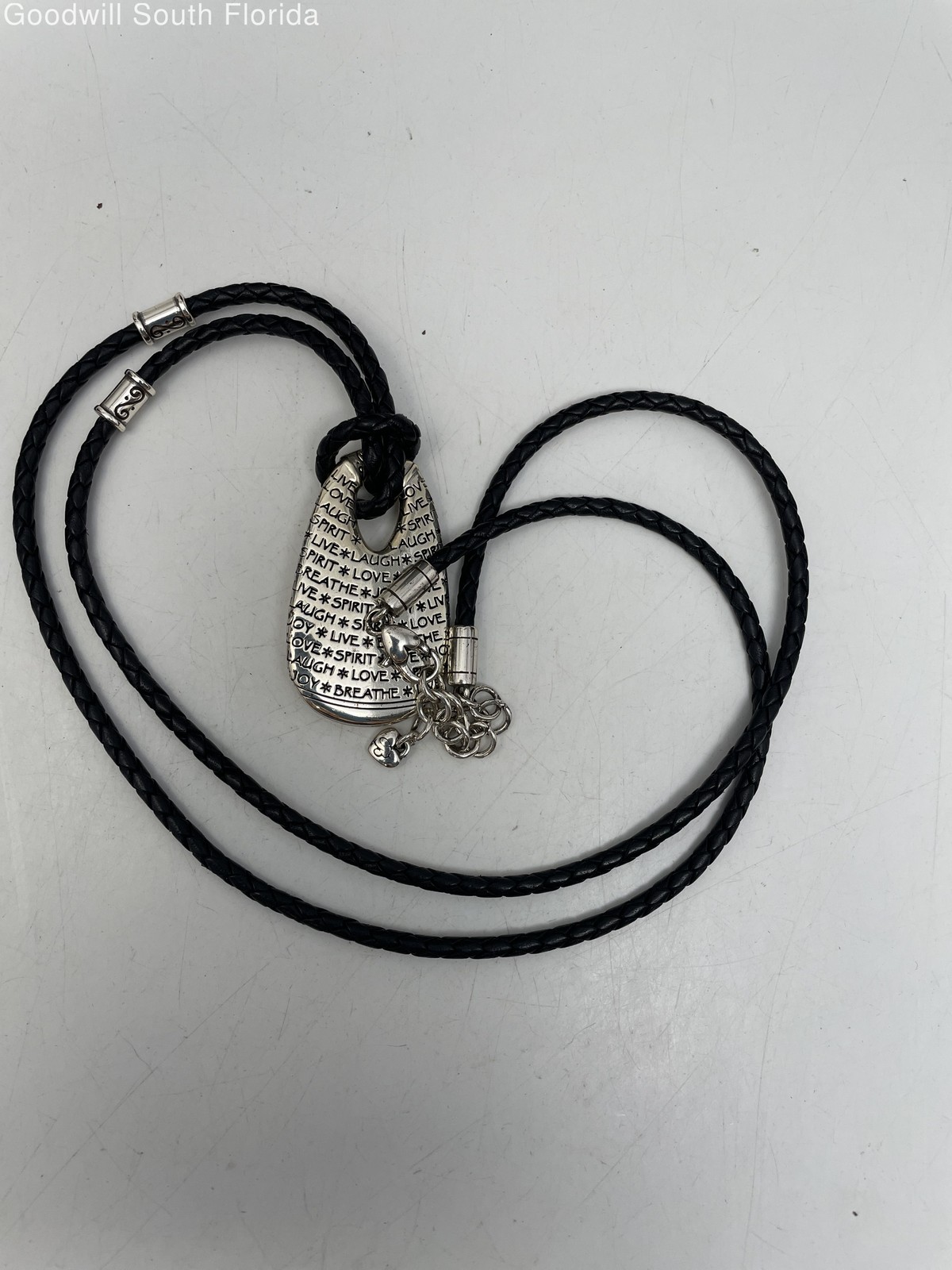 Brighton Silver Black Engraved Pendant Braided Cord Necklace Adjustable Clasp