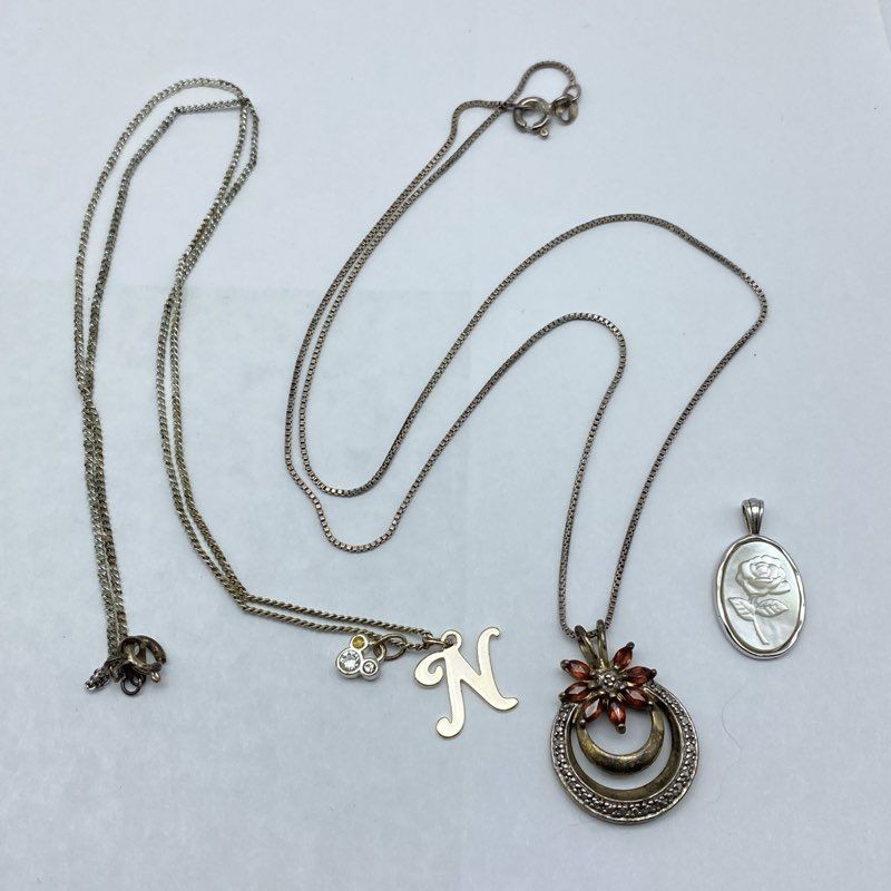 Sterling Silver 925 Jewelry Lot 3pc Mother of Pearl Rose Initial N Pendants
