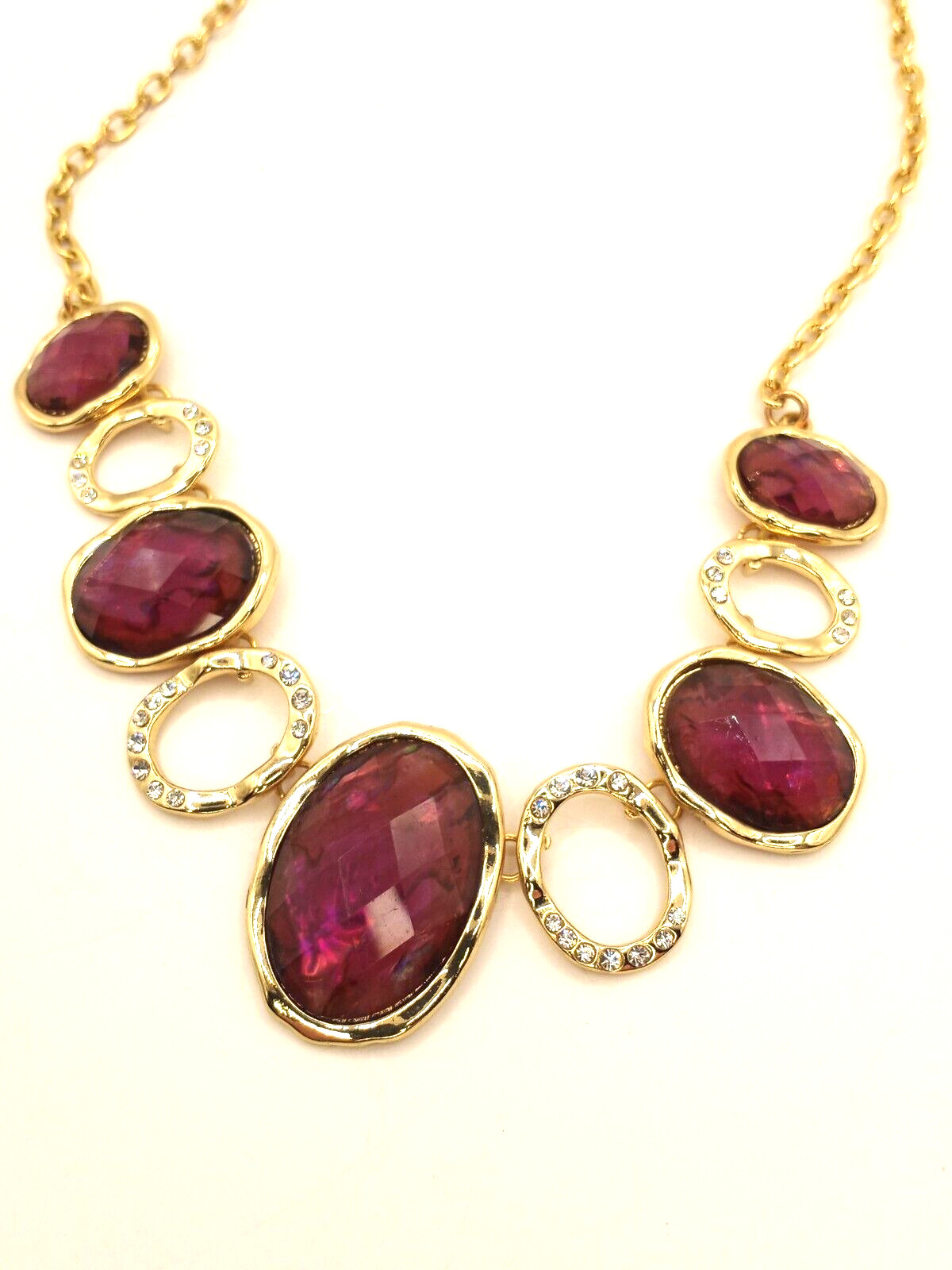 Purple Faceted Acrylic Gem and Colorless Rhinestone in Gold Tone Necklace Marked