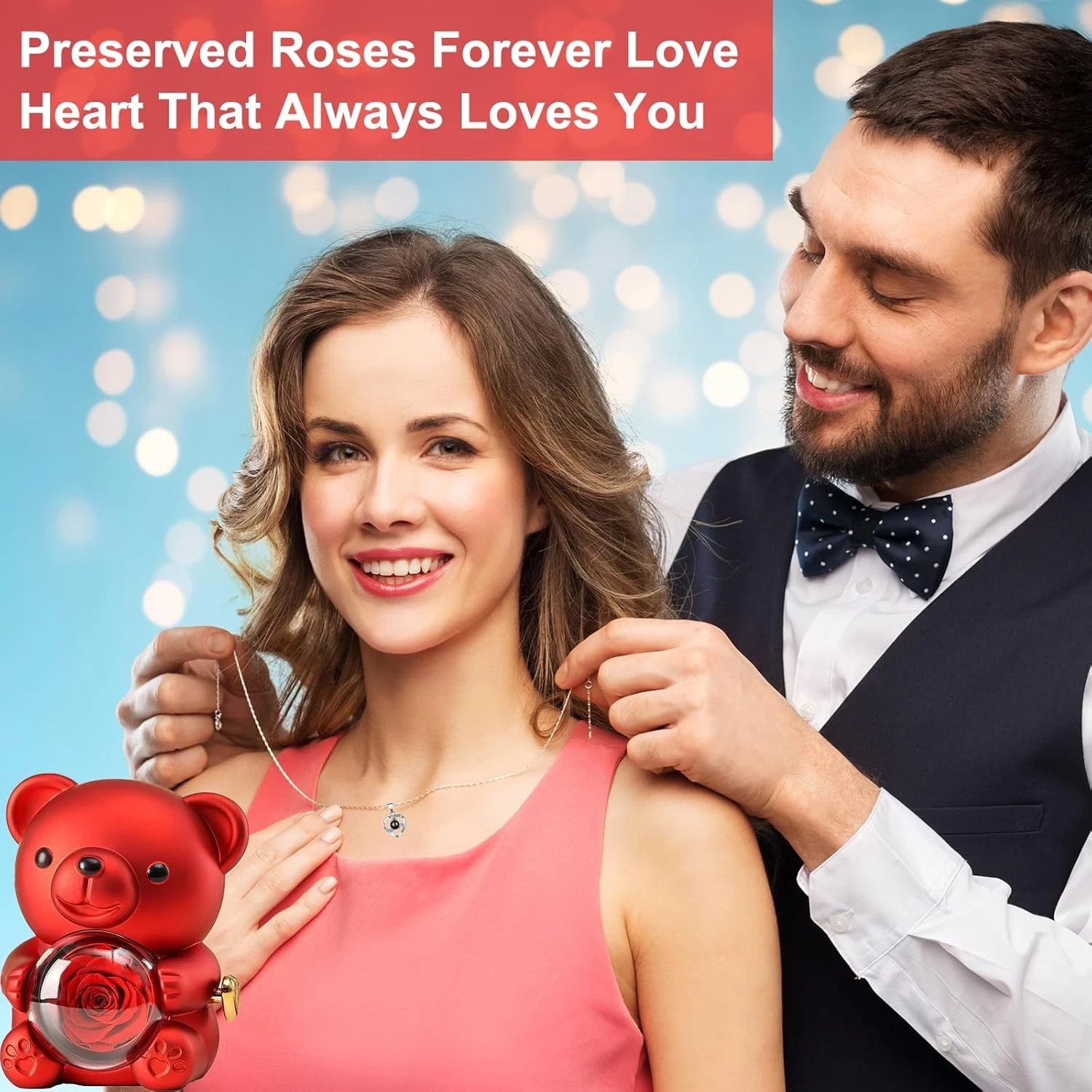 Romantic Hug Teddy Bear with Necklace, Preserved Red Rose, Gift Box for Women
