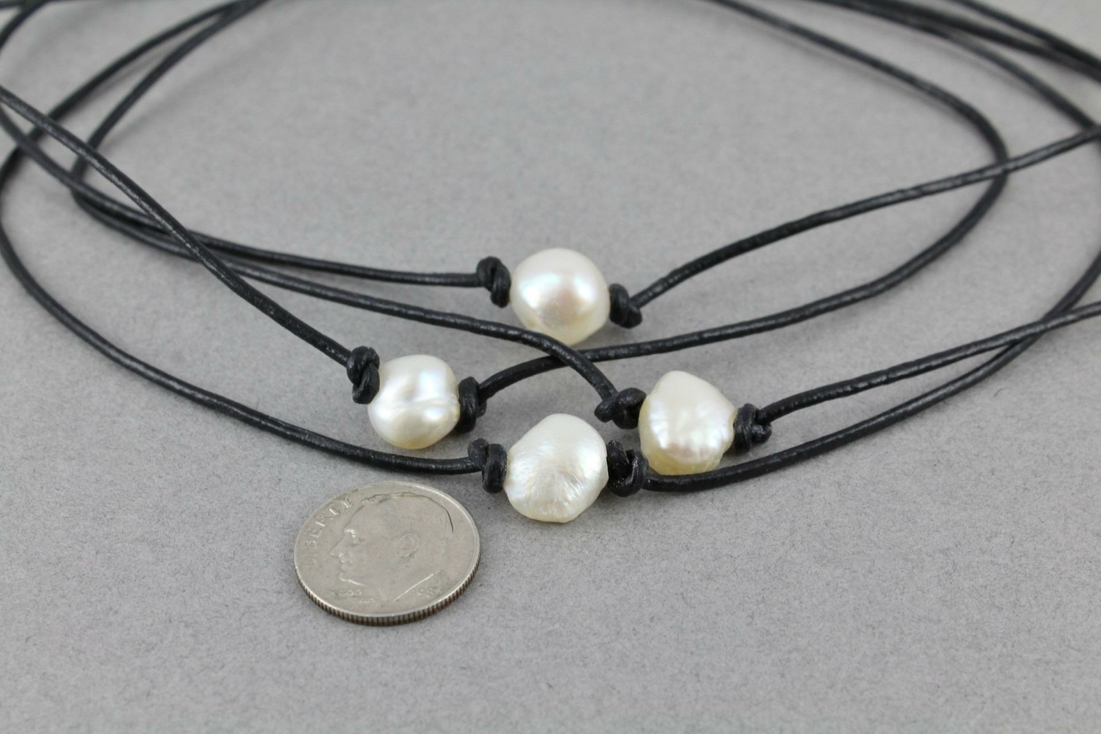 faux pearl choker Black faux leather adjustable choker necklace 14-16 long