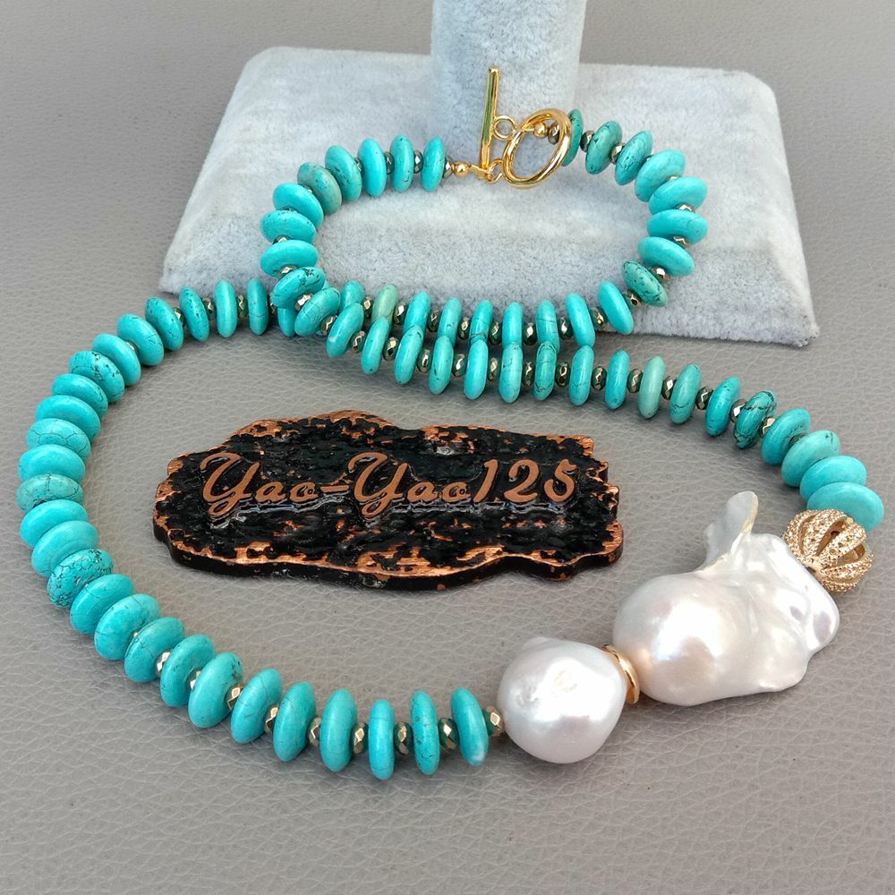 20″ Freshwater Cultured White Keshi Pearl Blue Disc Turquoise Necklace
