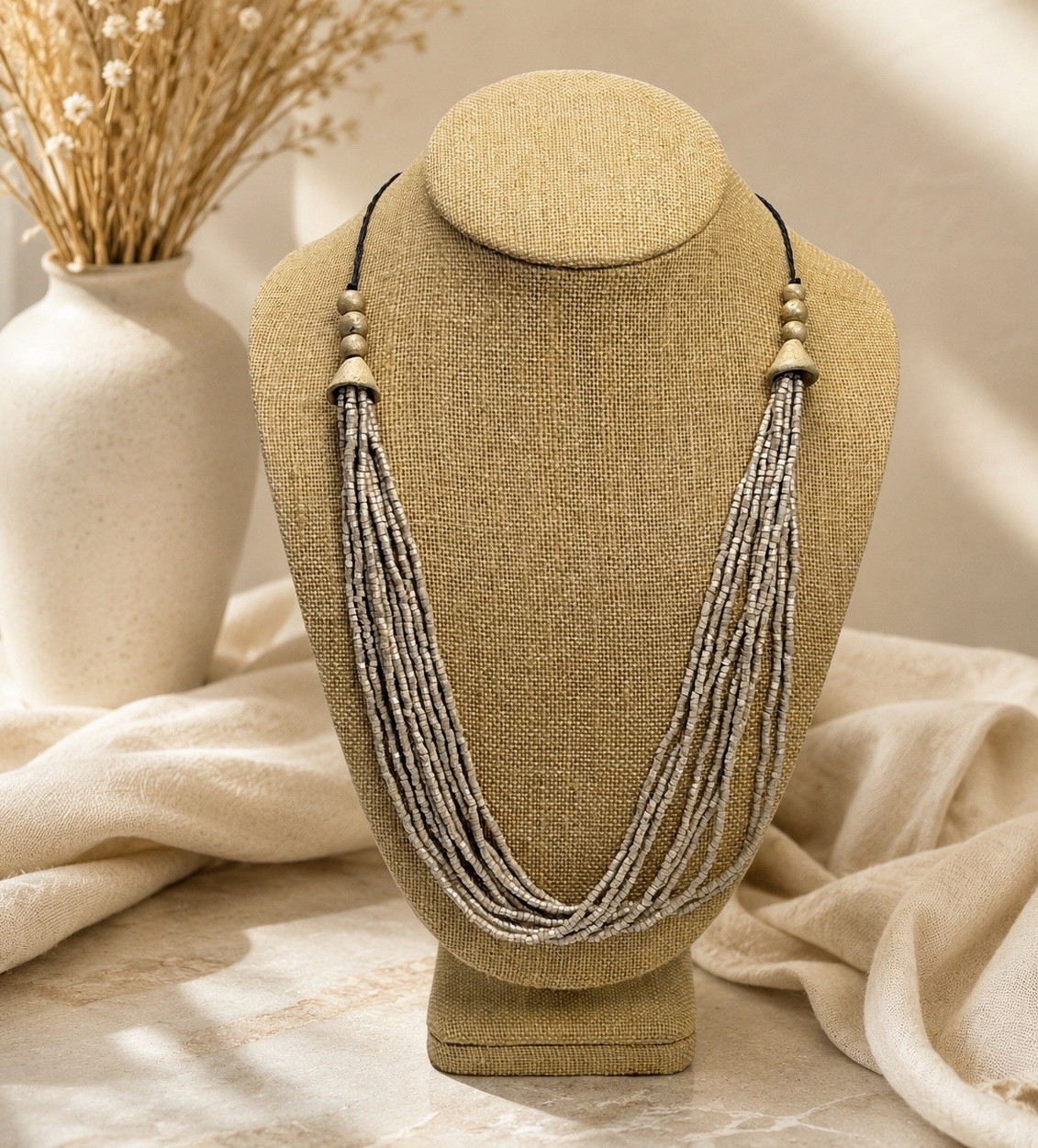 Silver & Black Multi-Strand Beaded Bohemian Necklace, Adjustable Cord 18 in