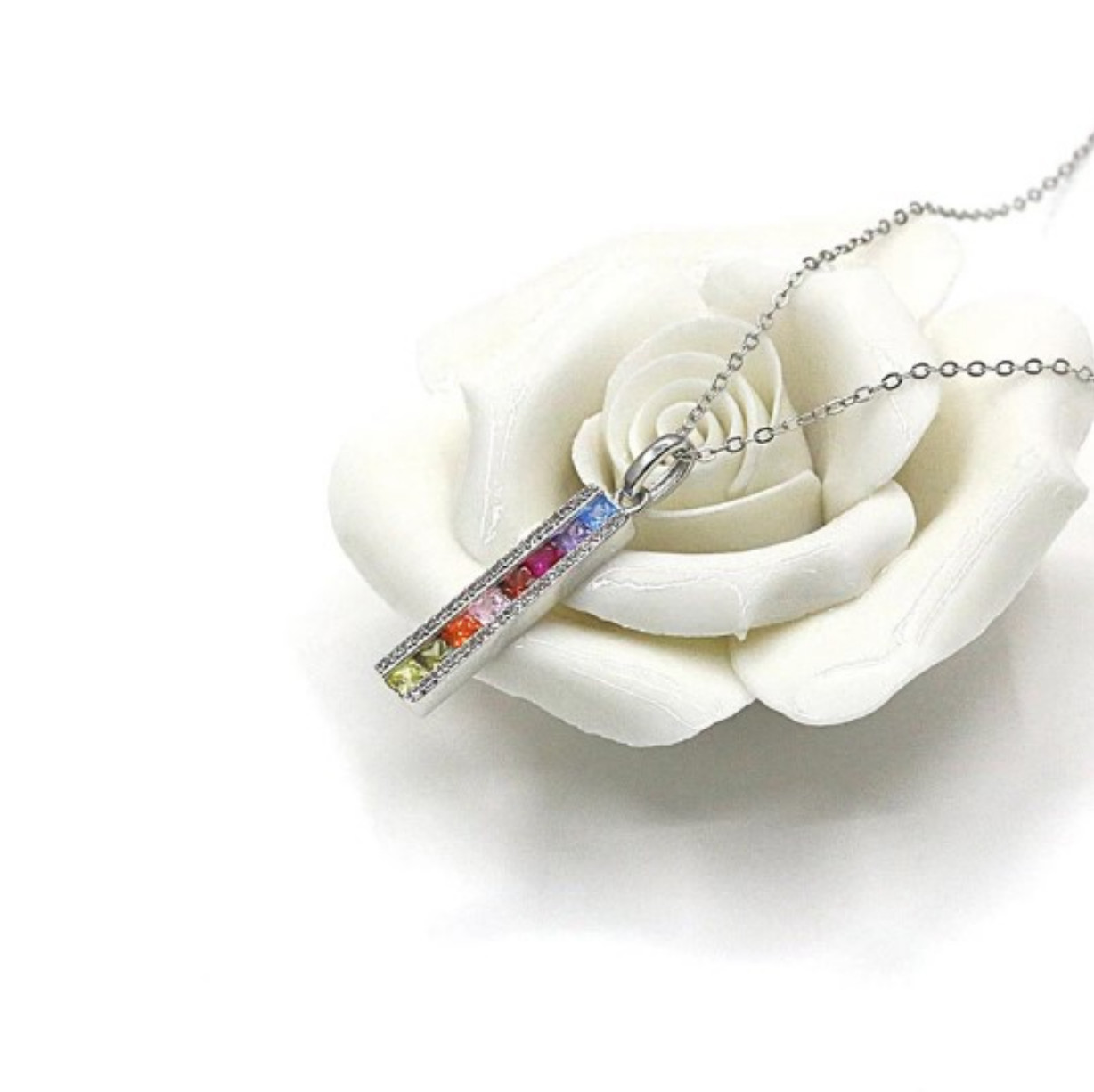 Sterling Silver Plated A+ Zirconia Rainbow Pillar Pendant Choker Necklace