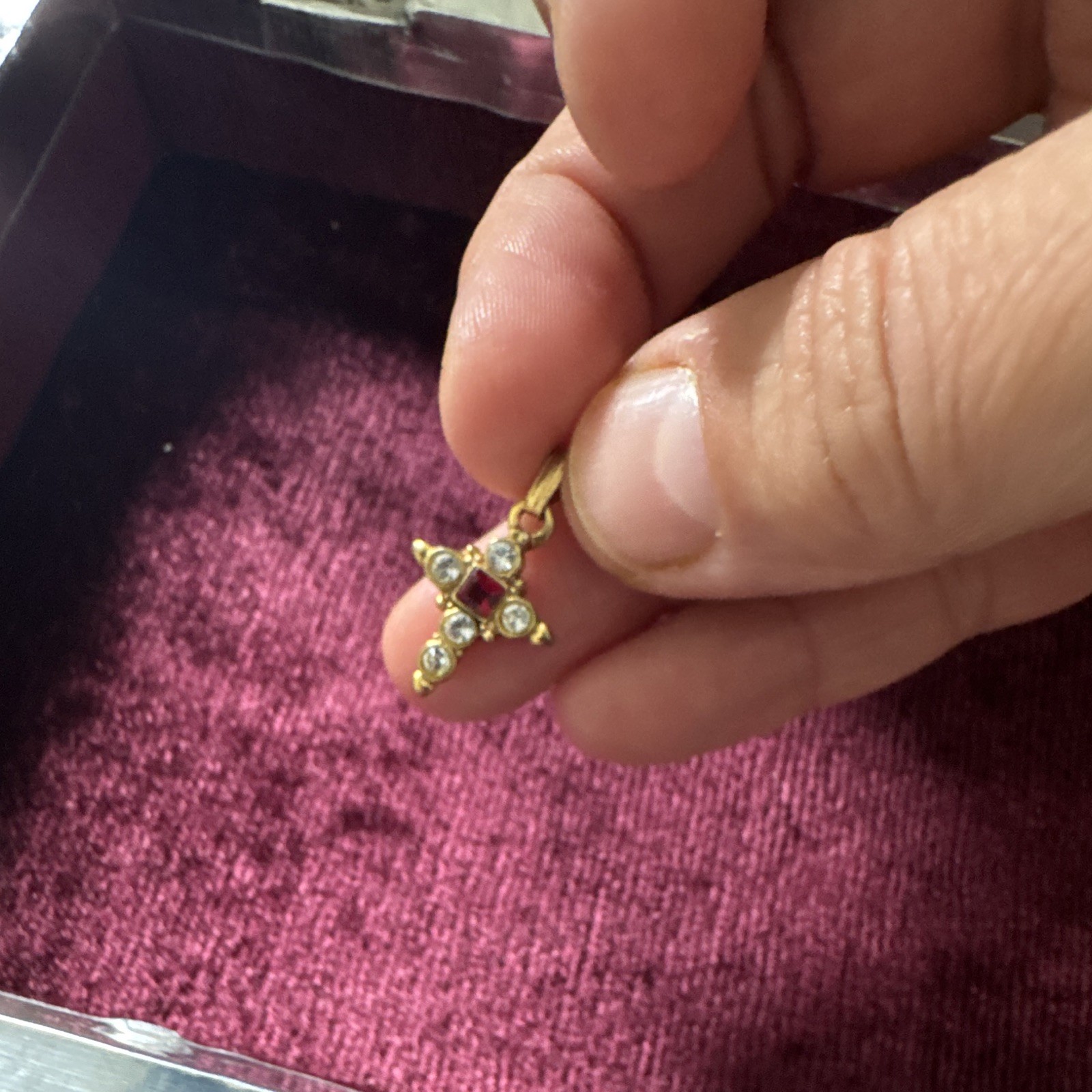 Vatican Library Signed Gold Tone Cross Charm Pendant Red Square Stone Clear