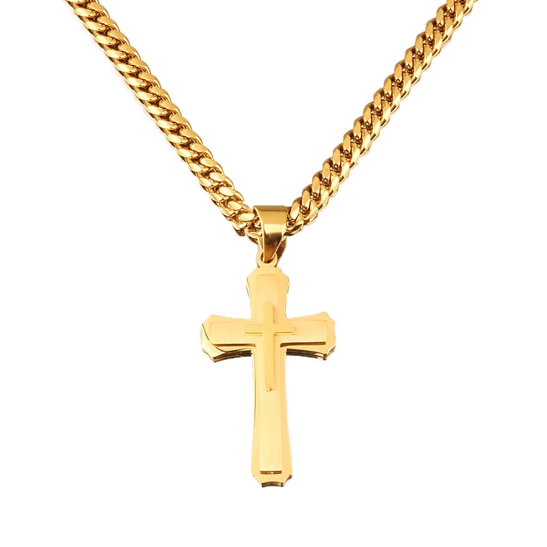 Men’s Stainless Steel Cross Necklace Cuban Chain Pendant Gold Silver Black 24