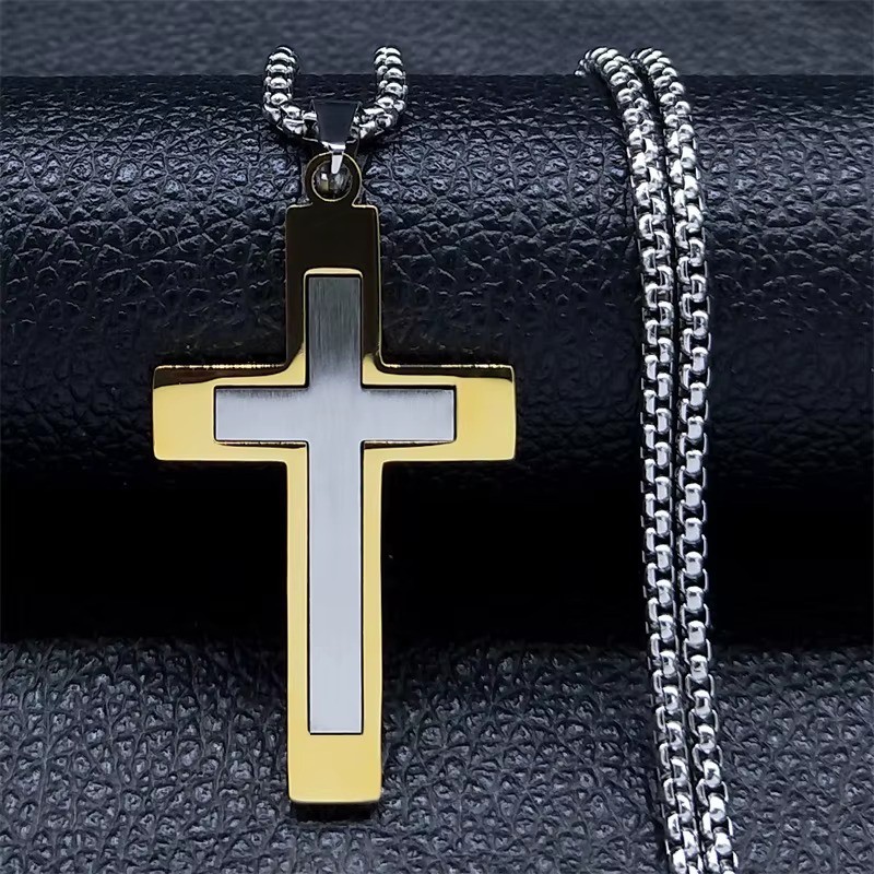 60cm Gold Stainless Steel Cross Necklace for Men Mens Chain Pendant Jewelry Gift