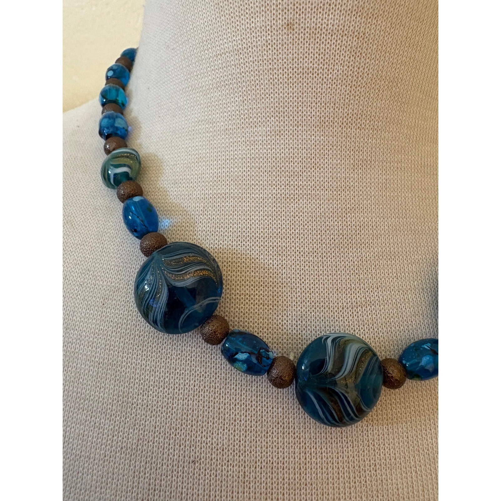 Blue Swirl Art Glass Bead Statement Necklace Bronze Tone Lobster Clasp Boho