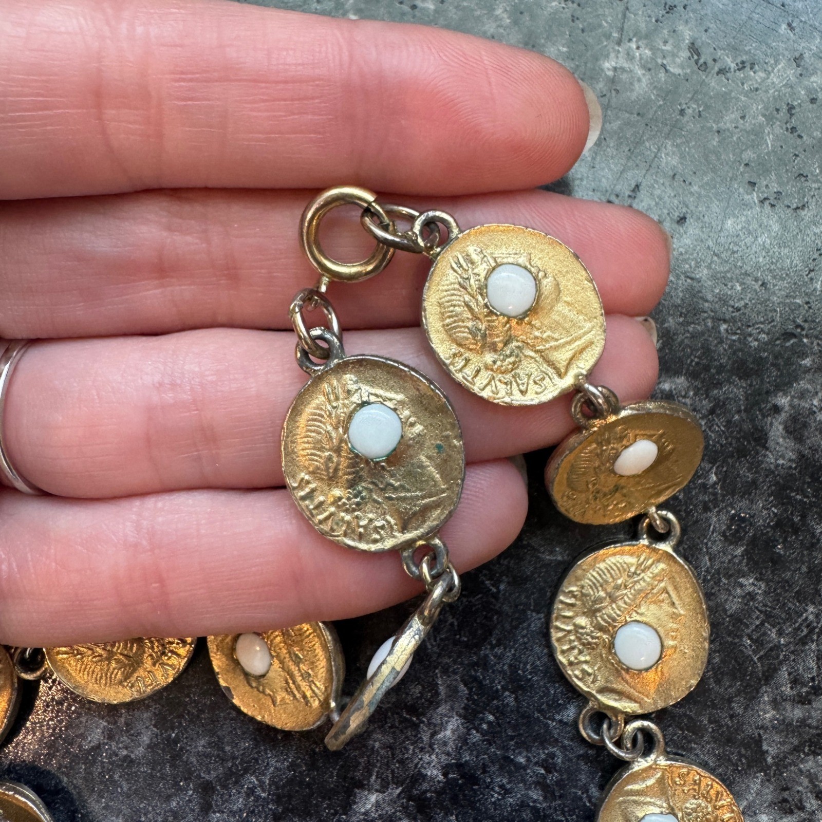 Vintage 80s Pauline Rader Gold Greek/Roman Coin Necklace White Cabochon Hammered