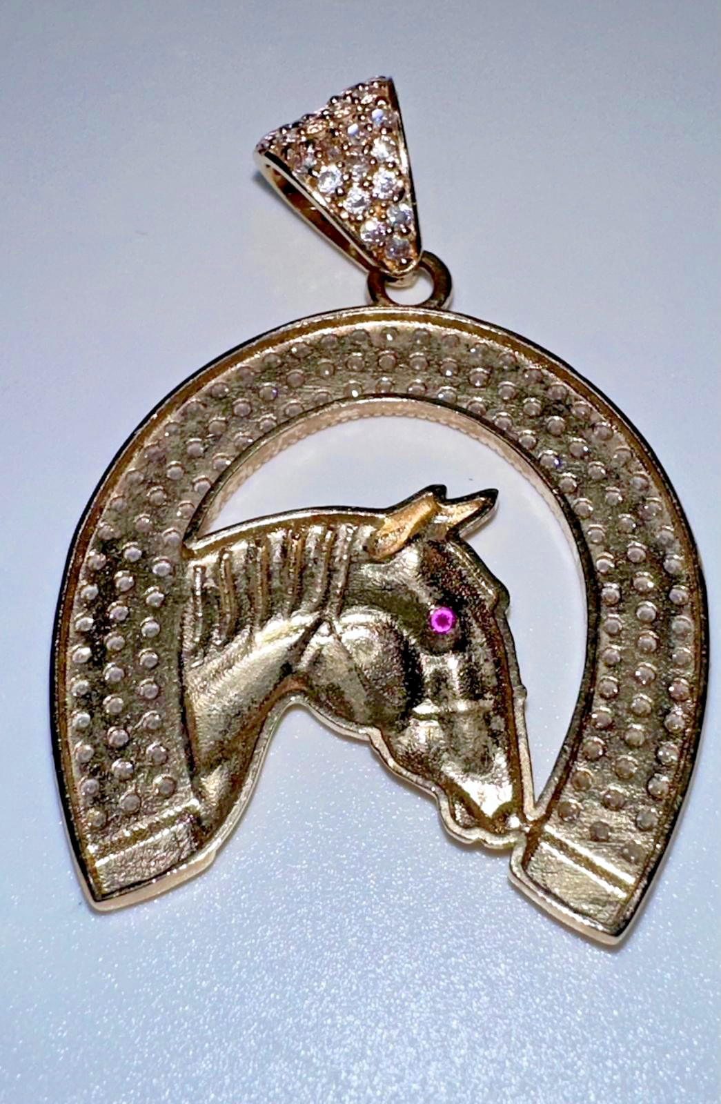 14K Yellow Gold Horseshoe Horse Head Pendant Cubic Zirconia/Ruby