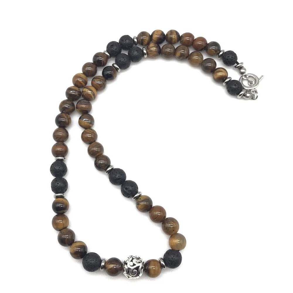 24″ Men’s Tiger Eye Necklace 8mm Natural Lava Beads Stainless Steel Toggle US