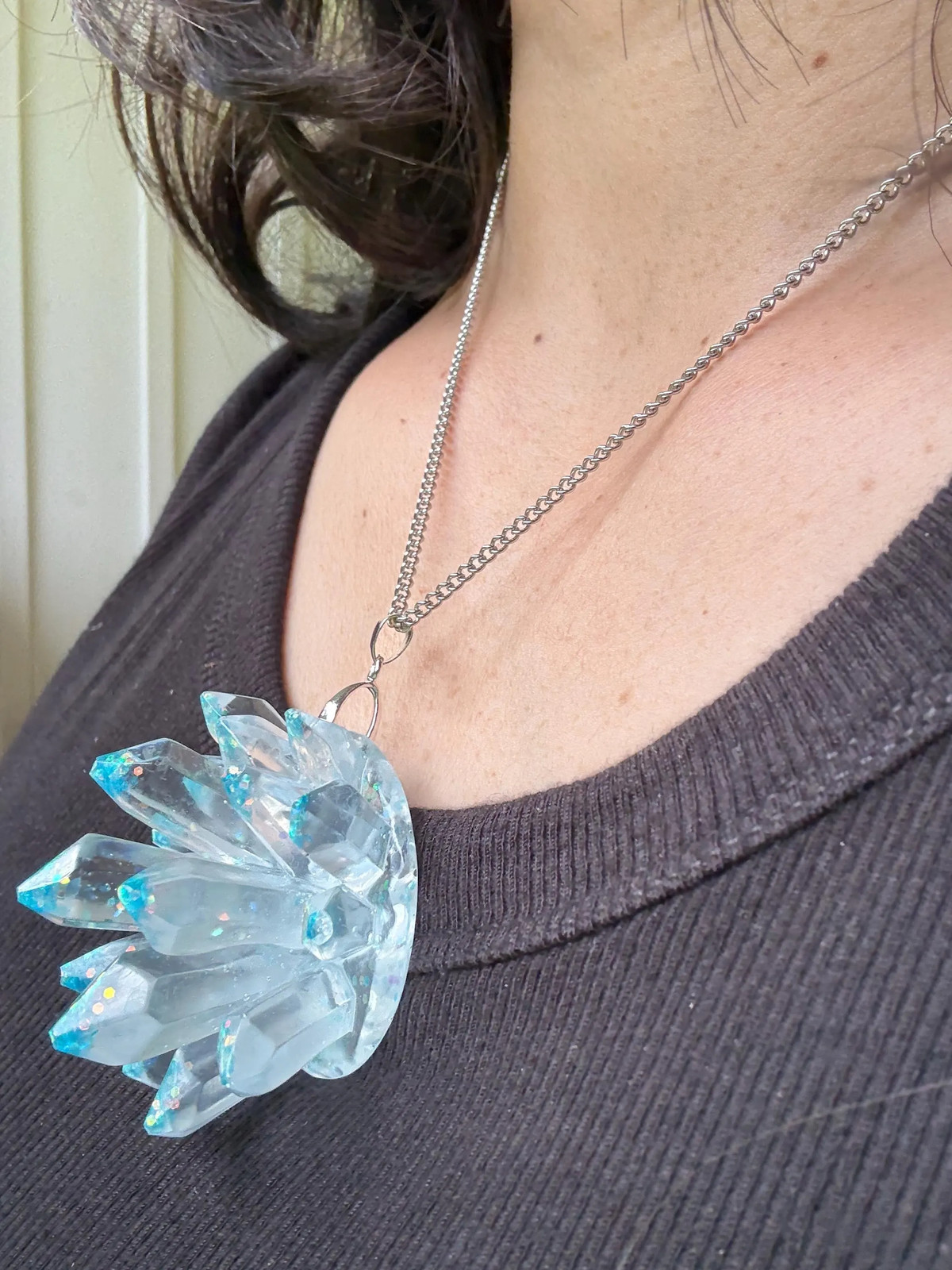 Crystal Cluster Resin Necklace | Iridescent Blue Pendant | 18 In Steel Chain