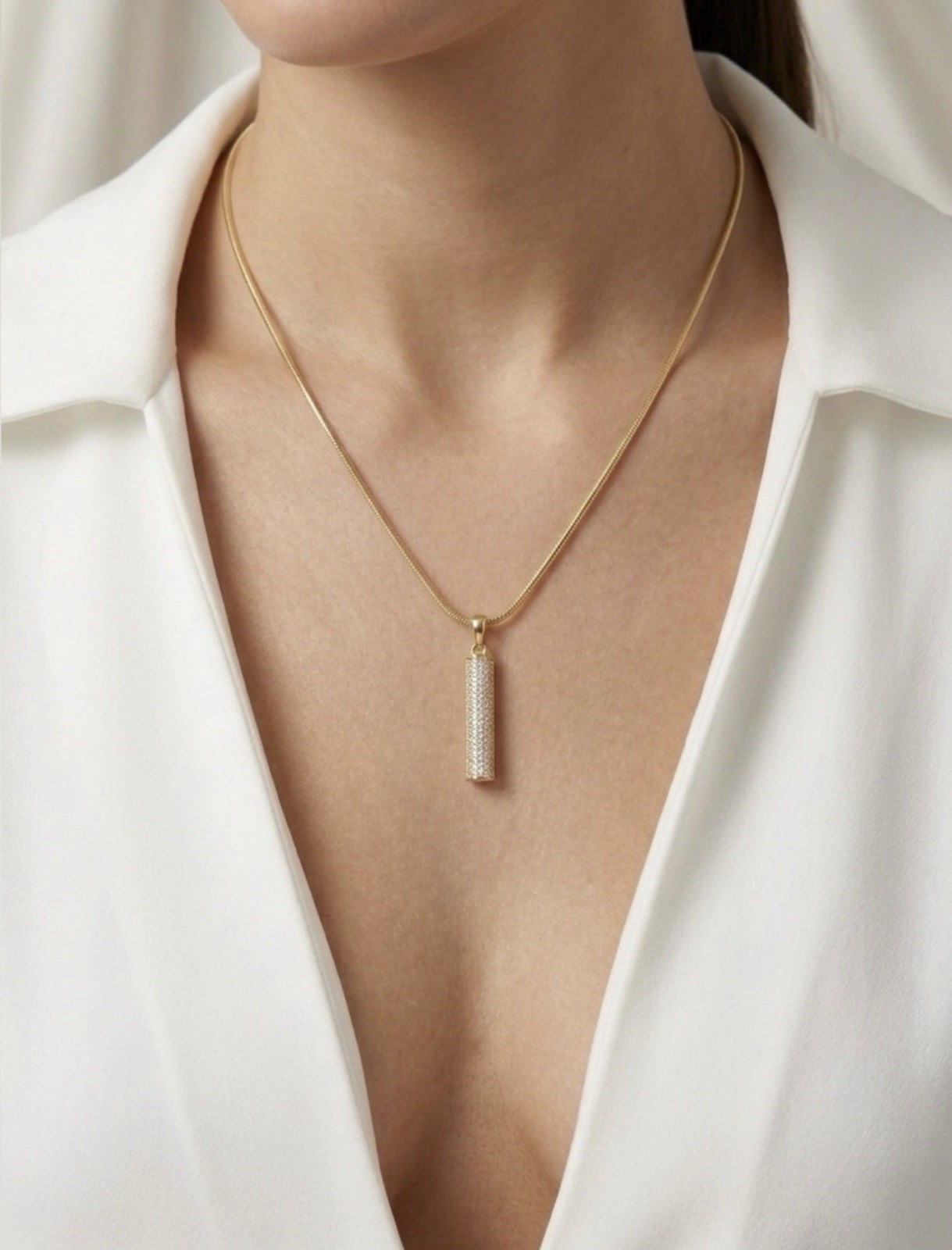 14K Gold Plated Vertical CZ Bar Pendant w/ Snake Chain Necklace | Dainty Jewelry