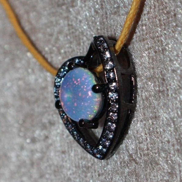 fire opal Cz necklace pendant gems black silver jewelry modern heart cocktail