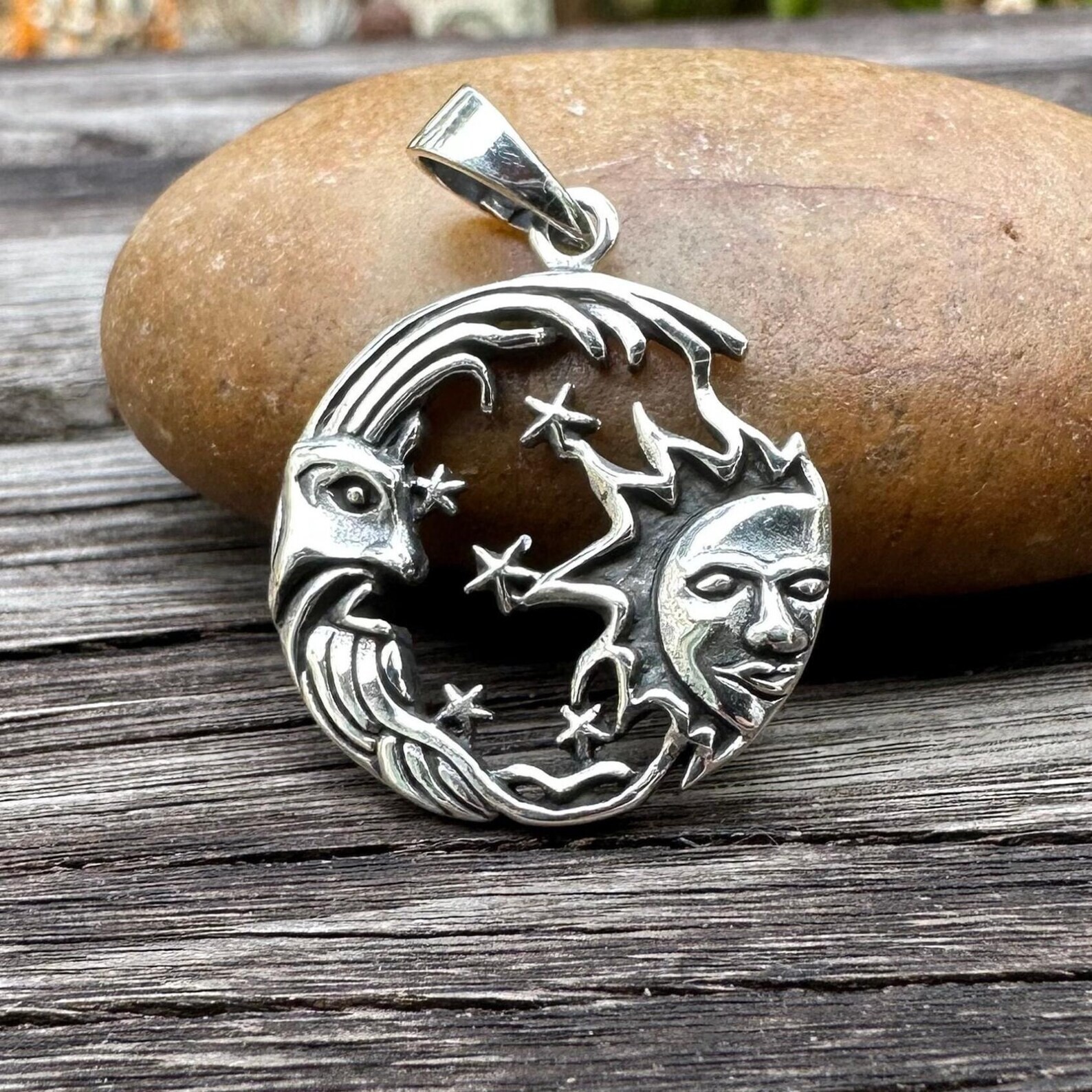 Handcrafted 925 Sterling Silver Sun & Moon Pendant Celtic Crescent Moon Pendant
