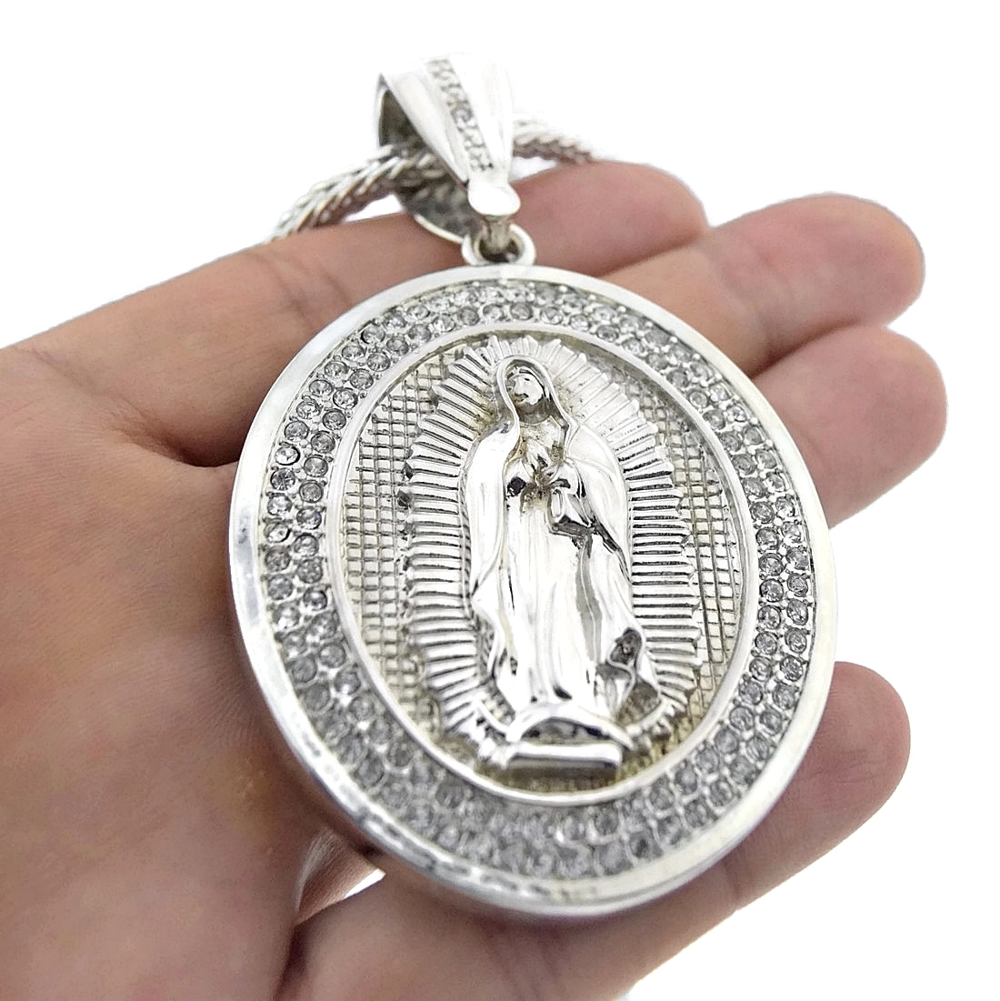 Virgin Mary Iced Simulated CZ Virgen De Guadalupe Silver Tone Franco Chain 36″