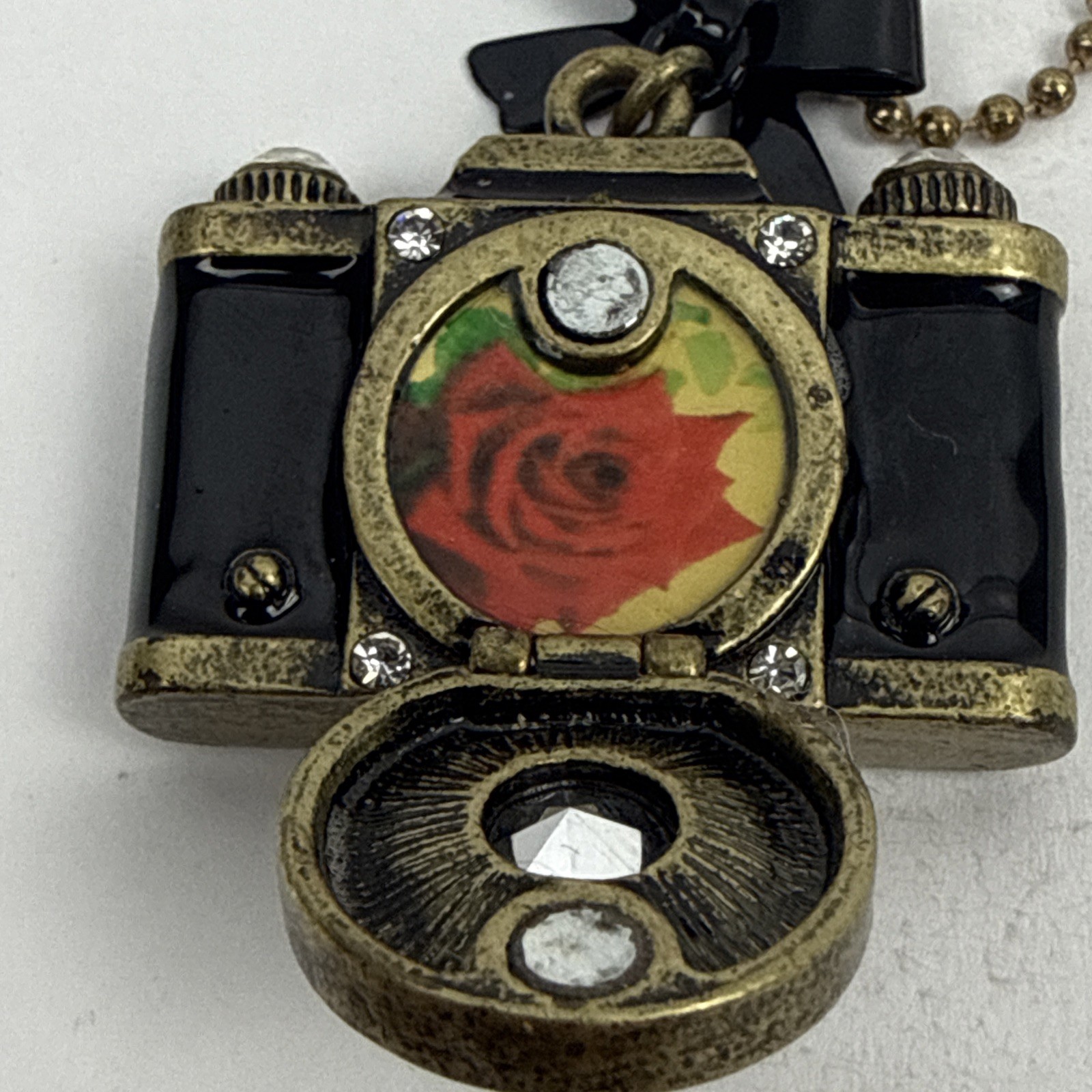 Betsey Johnson Camera Locket Necklace Black Enamel Crystal Photo Pendant Vintage