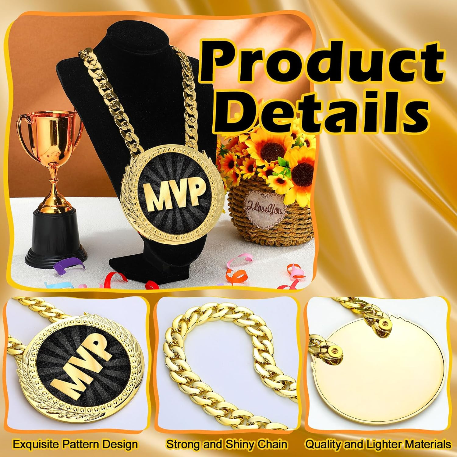 Sports MVP Turnover Chain Medal 6″ Big Gold Champ Award Necklace Chain Baseball