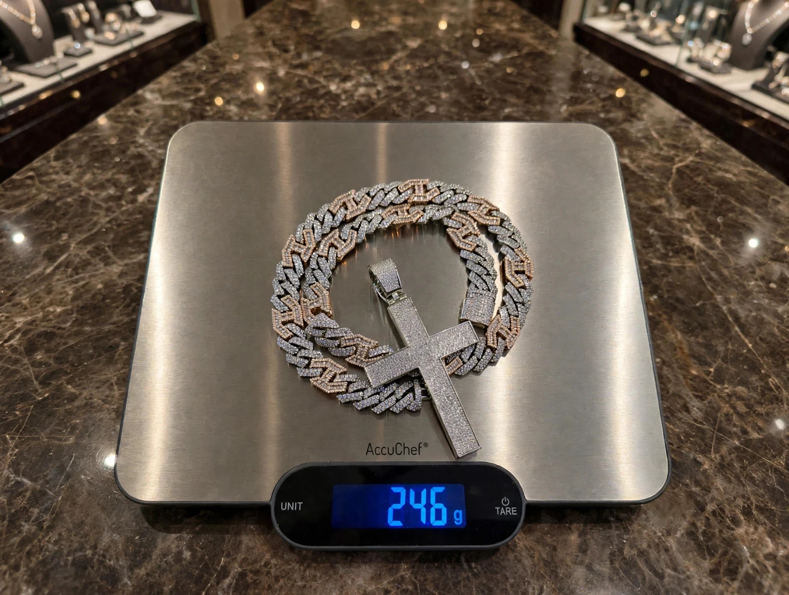 14k Stamp XL CROSS Pendant 14mm FIGARUCCI 2Tone Rose Chain 98ct Lab Sim Diamond