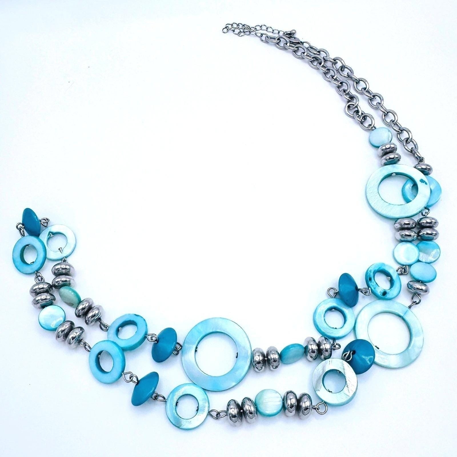 Long Boho Shell Necklace Blue Aqua Chunky Coastal Silver Tone Statement 36″ Y2K