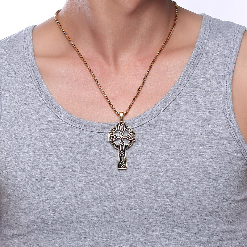 Mens Stainless Steel Irish Celtic Knot Pendant Cross Necklace Silver DEZILOO