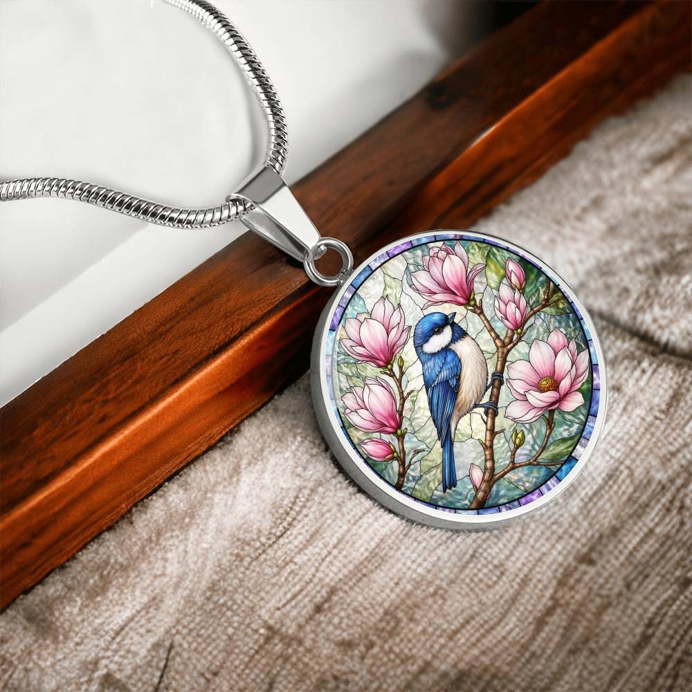 Bluebird Floral Engraved Necklace Bracelet or Keychain