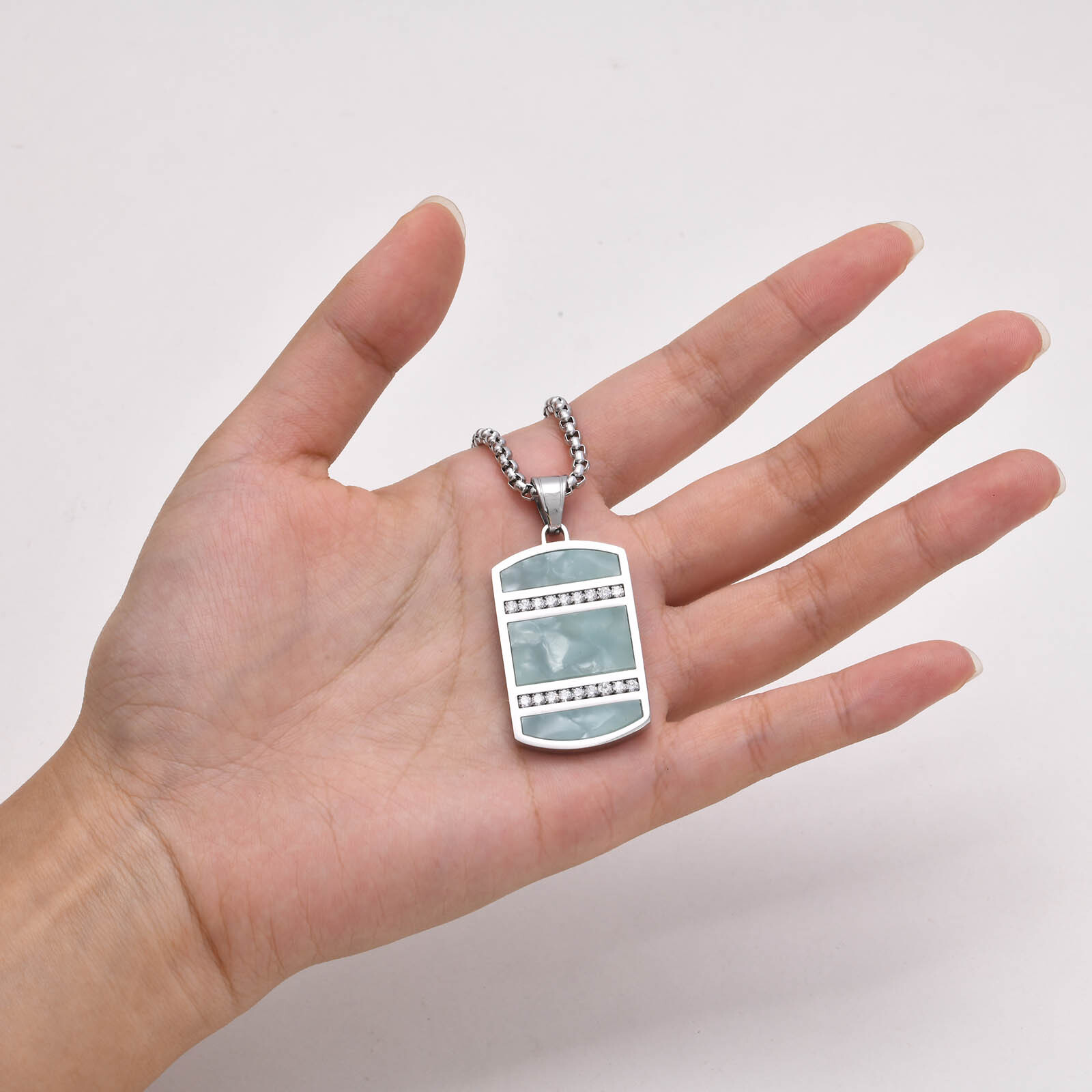 Mens Necklaces Bling CZ Stone Inlay, Chinese Tradition Cyan Stone Square Dog Tag