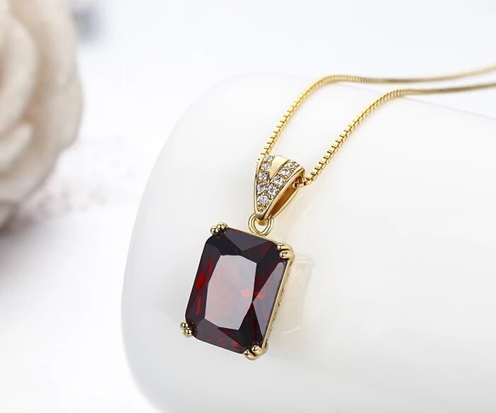 ZARD Emerald Cut Red Cubic Zirconia Pendant in 14K Gold Necklaces