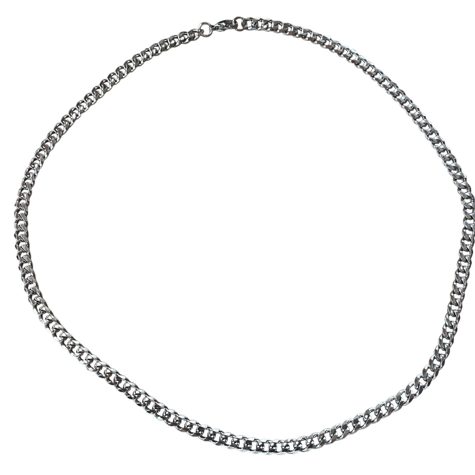 Silver Tone Curb Chain Necklace Polished Flat Link Unisex Jewelry 18″ Comfort