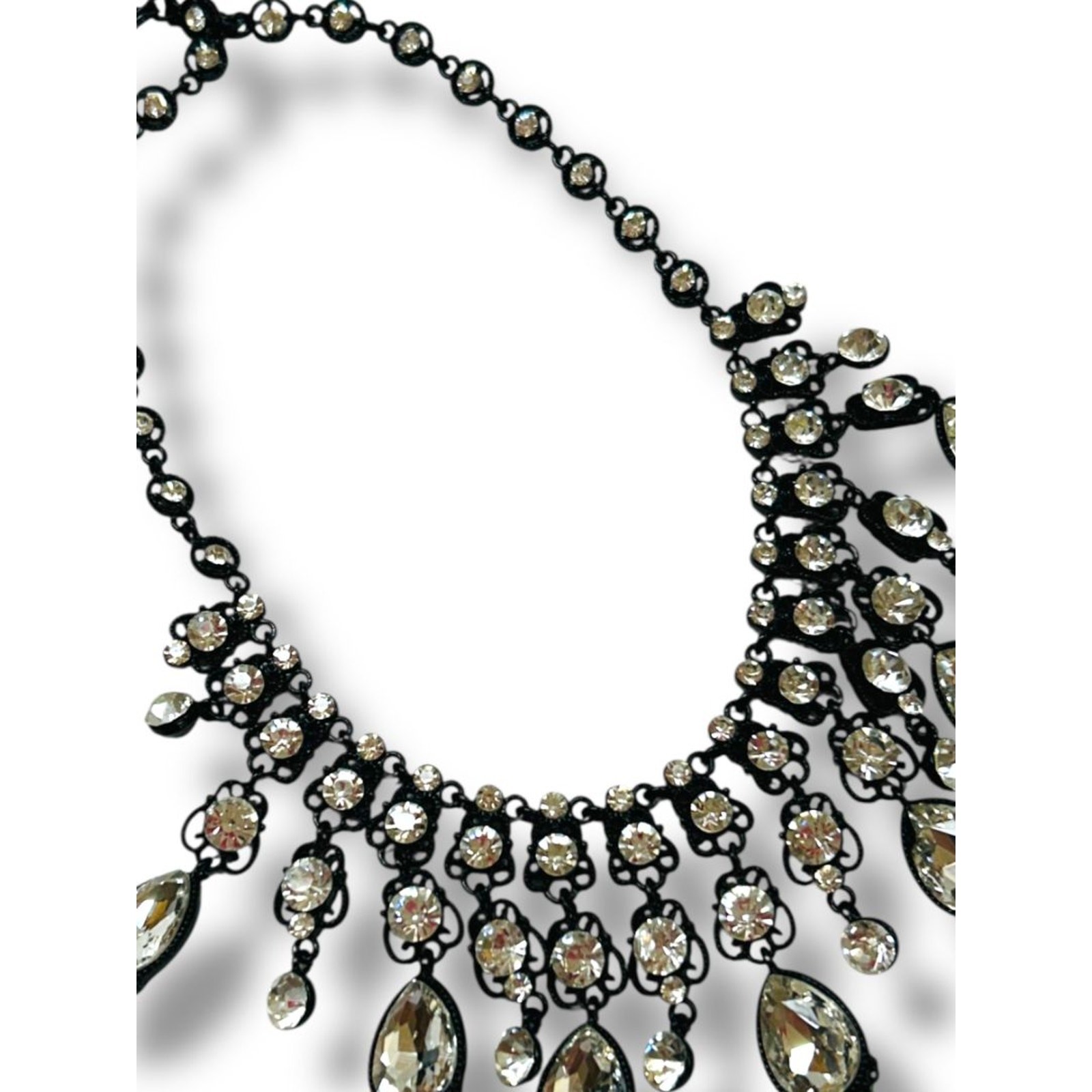 Natasha Bib Necklace Black Chain Clear Beads Sparkly 16-19″