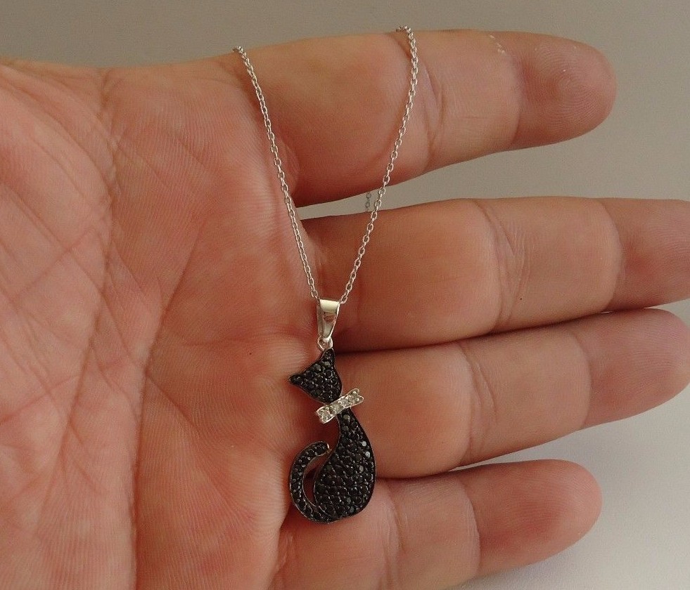 925 STERLING SILVER BLACK CAT NECKLACE PENDANT W/ 2.50 CT ACCENTS/18”
