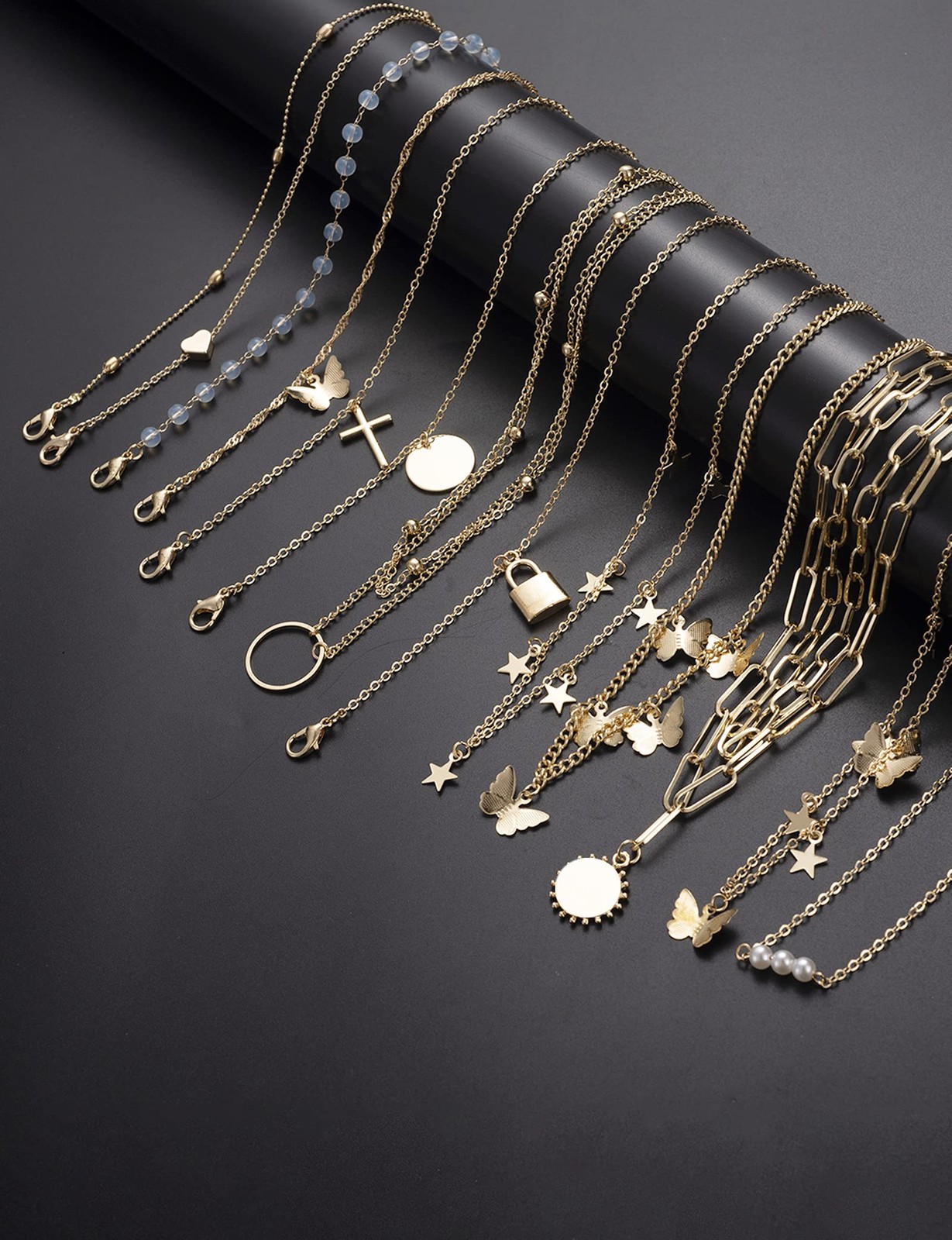 12pcs Chain Gold Bead Necklace Coin Moon Star Pearl Pendant Chain Choker Mult…