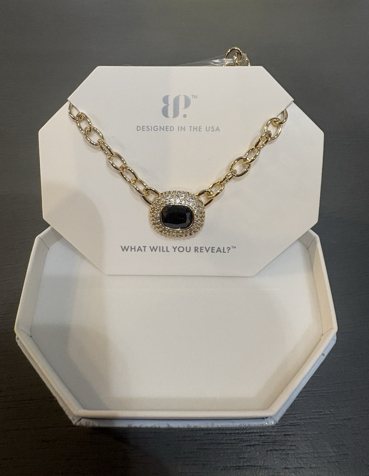 BP Gold Plated Black Onyx Oval CZ Halo Charm Pendant Necklace 18″ NK70018