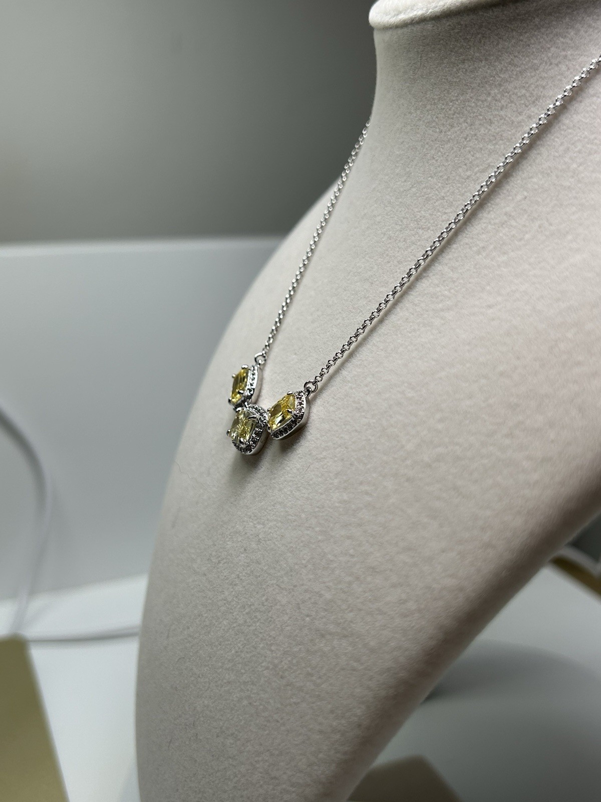 BP Rhodium Plated Chain Necklace with Three Yellow Cushion Halo Stones Pendant