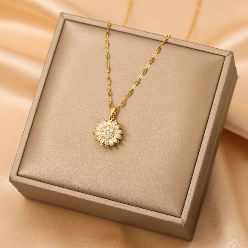 Gold Sunflower Pendant Necklace Rotating Charm Dainty Floral Jewelry Gift