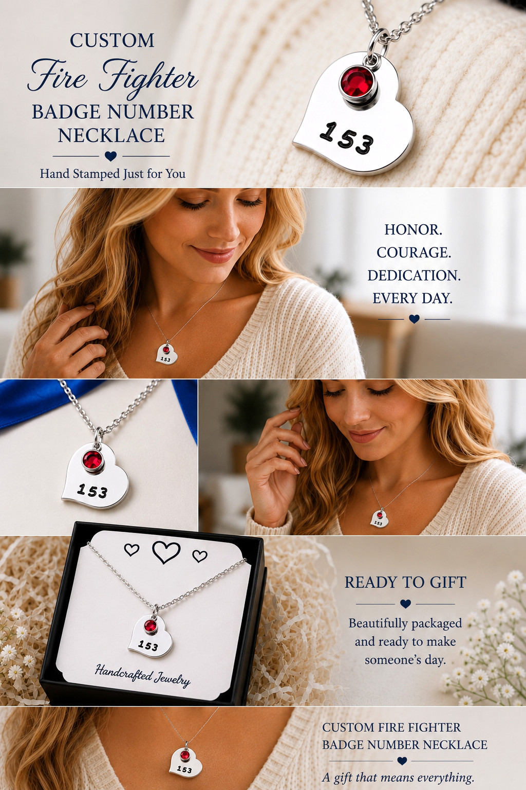Fire Fighter Necklace with Badge Number, Personalized Firefighter Wife Jewelry
