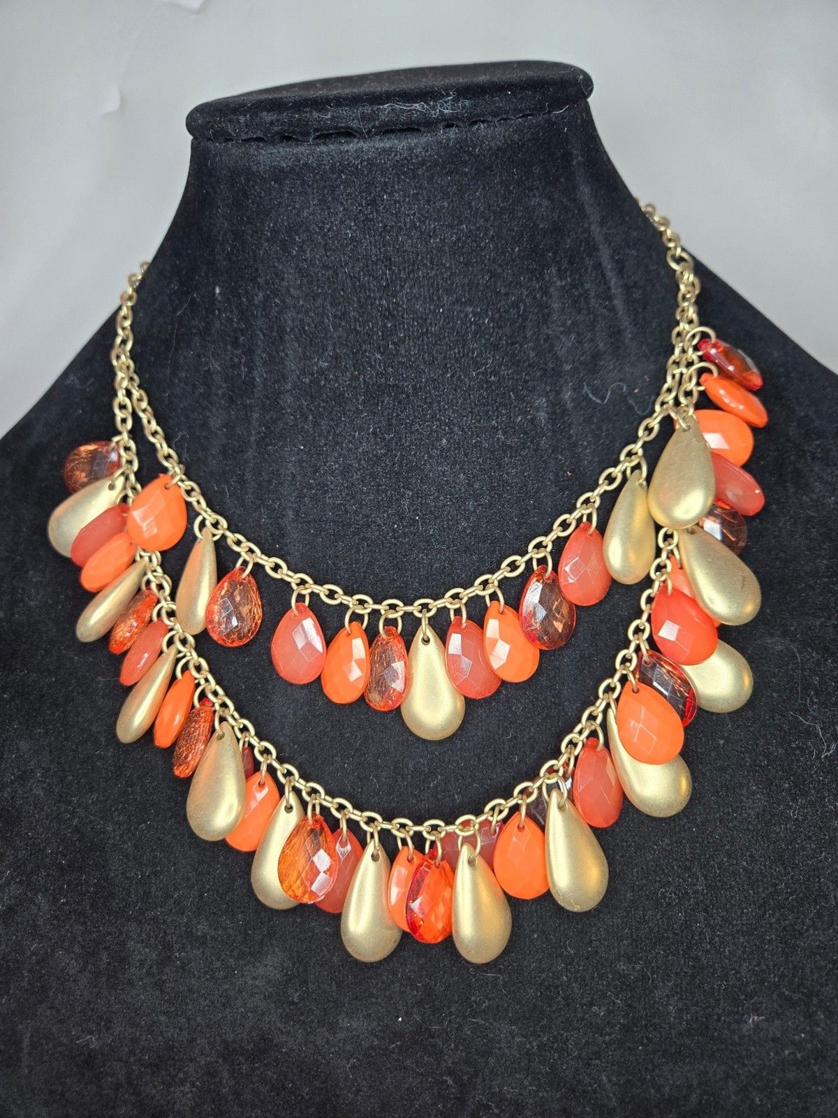 Gold Tone Layered Necklace with Pink and Gold Drop Beads Adjustable Length