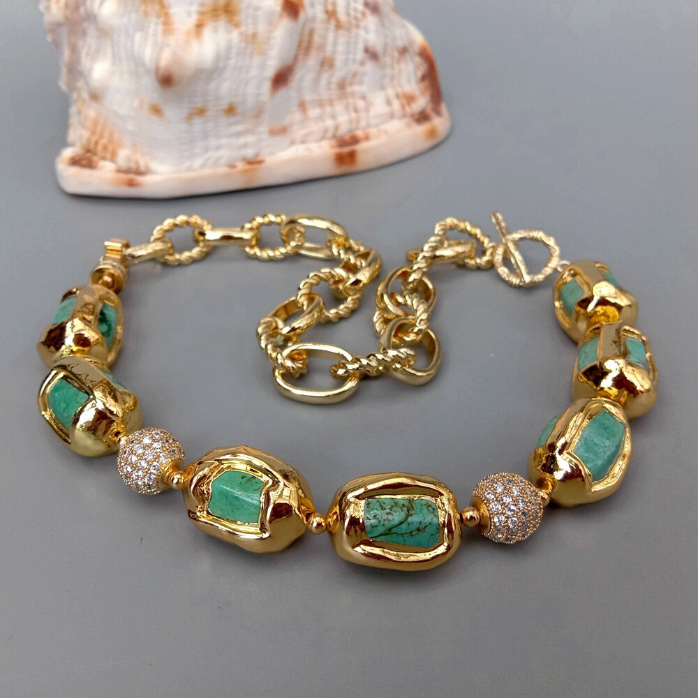 Turquoise Electroplated Edge Cz Pave Beads Gold Plated Chain Choker Necklace