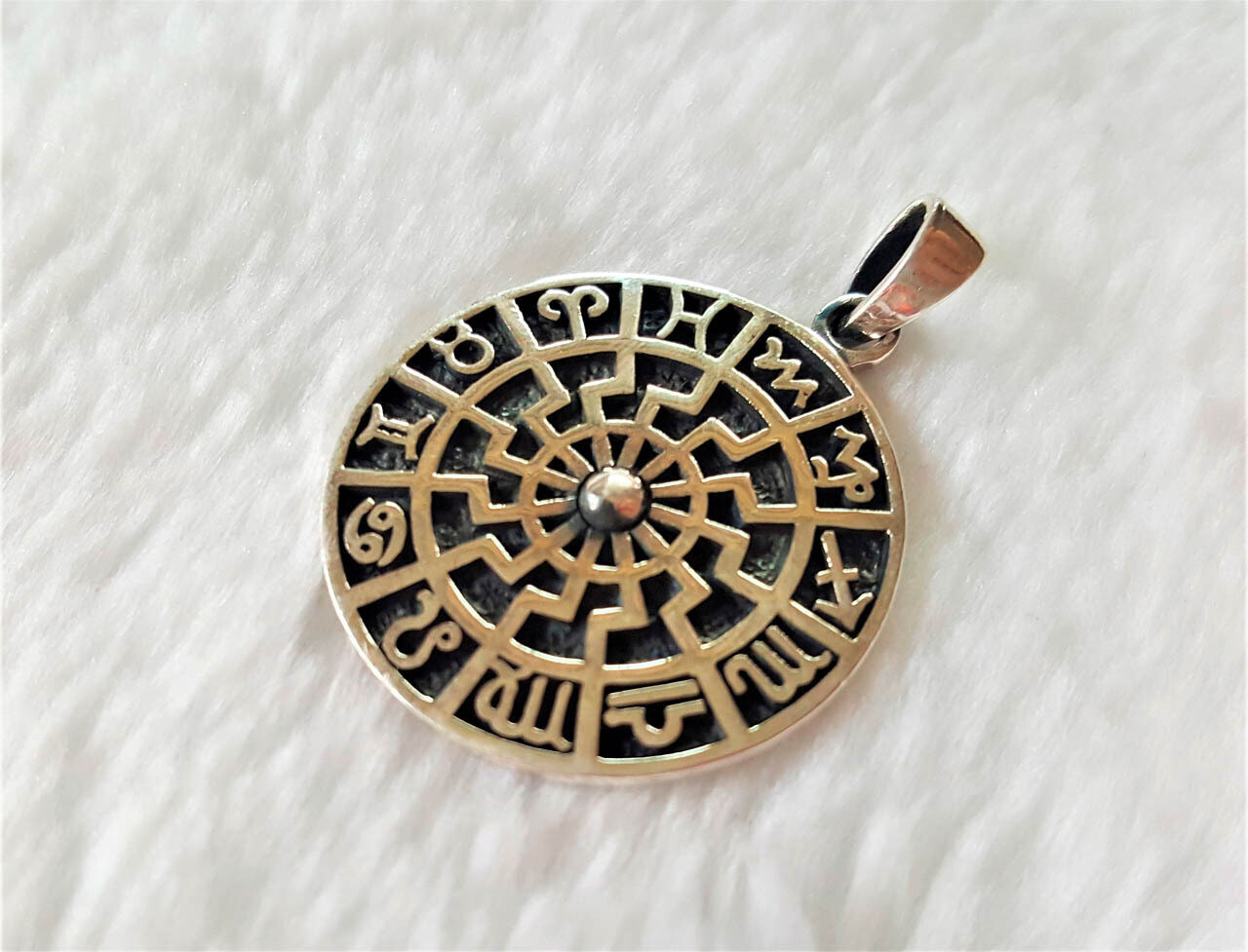 Sun Wheel Pendant 925 Sterling Silver Black Sun Occult Talisman Horoscope Zodiac