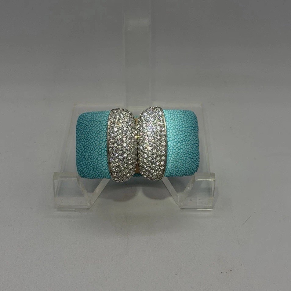 PJM Jewelry Turquoise Leather Hinge Wide Bangle CZ-Cuff Bracelet