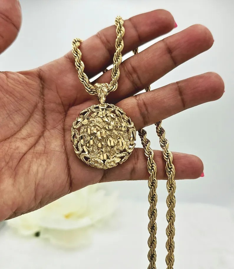 Large Gold Nugget Necklace, 5mm French Rope Chain, 14k Heavy Plated Gold