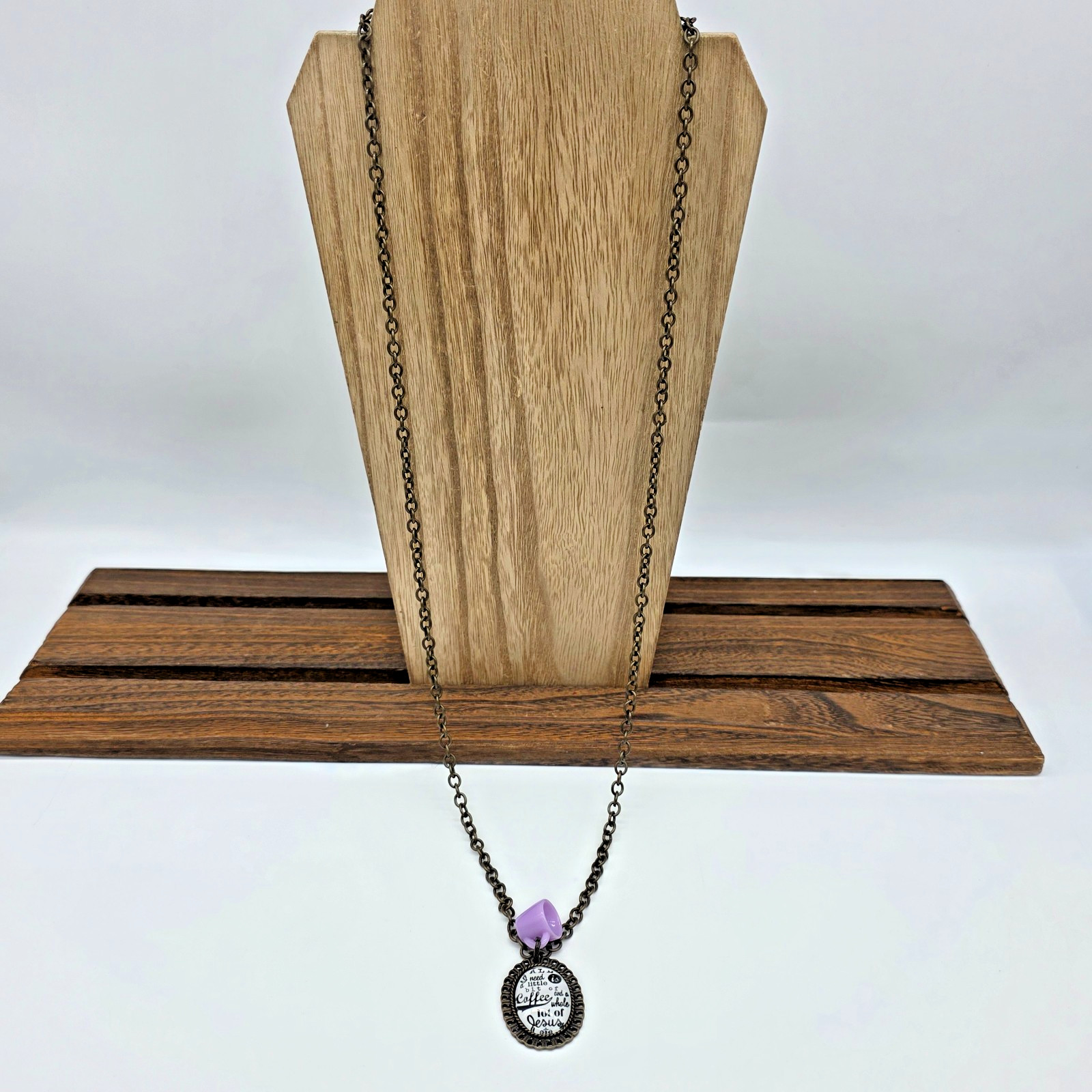 Plunder Bronze Coffee & Jesus Quote Necklace Oval Pendant Purple Mug Charm 32”