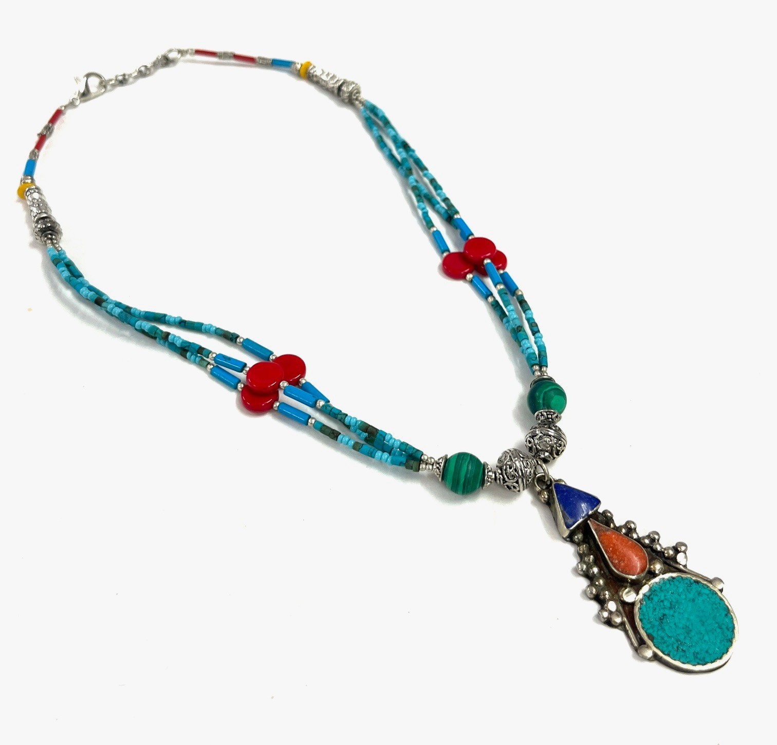 Ethnic Turquoise Lapis Gemstone Tibetan Pendant Necklace Jewelry, 17 Inch Adjust